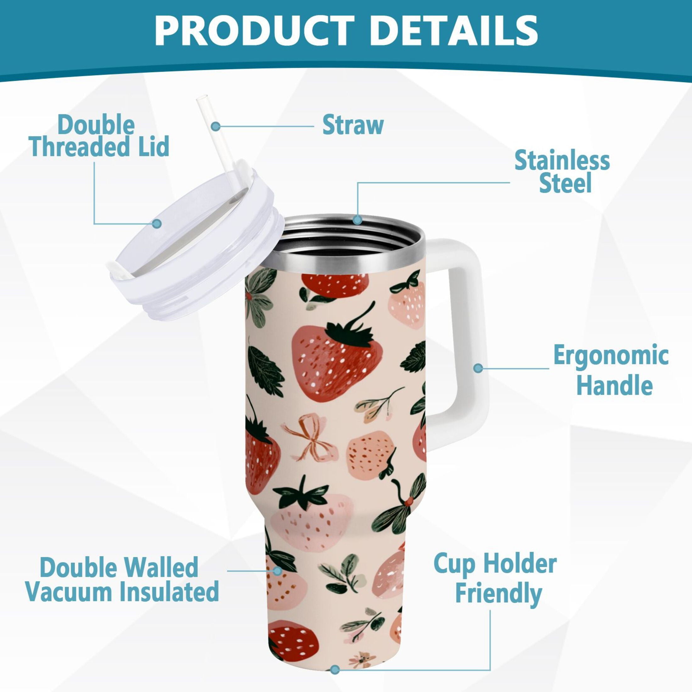 30 oz Insulated Stainless Steel Tumbler Double Wall Stainless Steel Tumbler with 2-Way Drinking Cute Pinks Strawberries - LON2