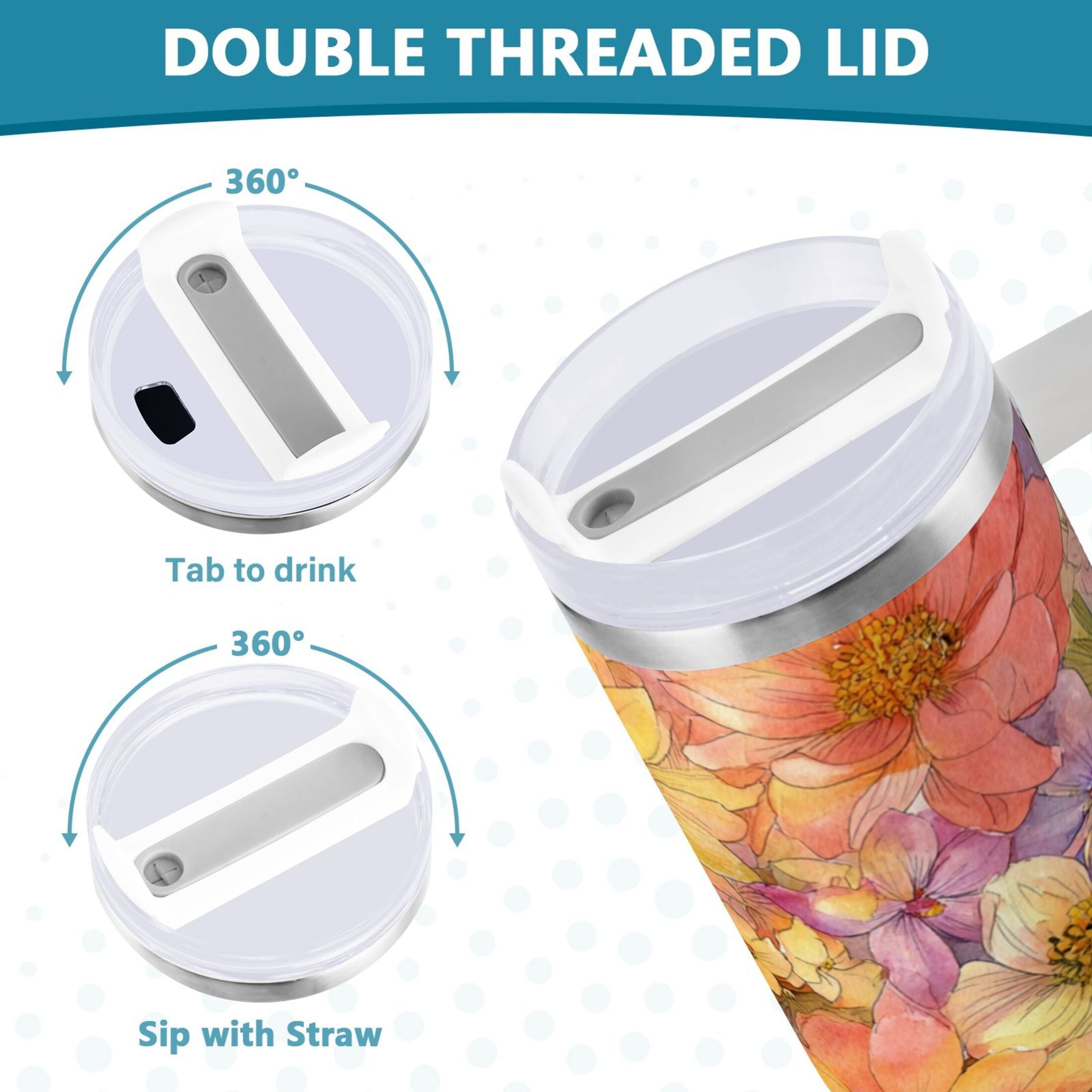 30 oz Insulated Stainless Steel Tumbler Double Wall Stainless Steel Tumbler with 2-Way Drinking Summer Blossoms - ZIWN