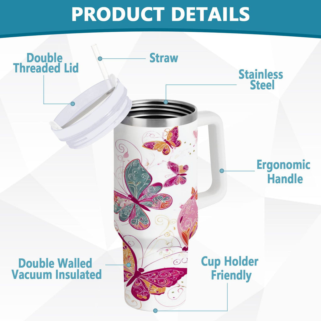 30 oz Insulated Stainless Steel Tumbler Double Wall Stainless Steel Tumbler with 2-Way Drinking Colorful Butterflies - UOAG