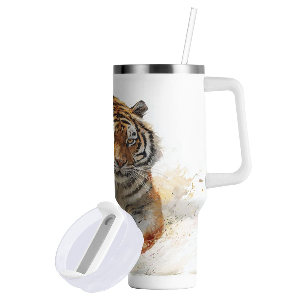 30 oz Insulated Stainless Steel Tumbler Double Wall Stainless Steel Tumbler with 2-Way Drinking Tiger in Action - UDFM