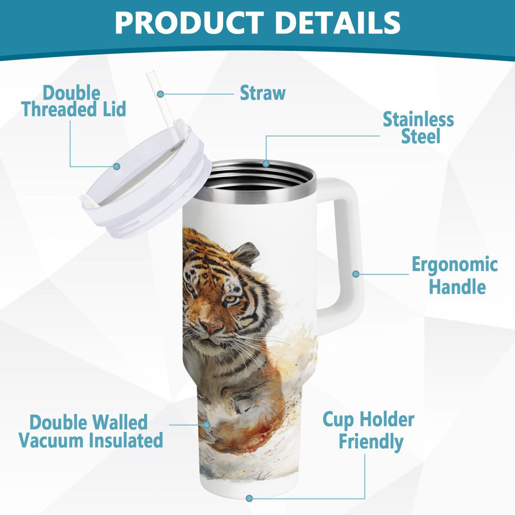 30 oz Insulated Stainless Steel Tumbler Double Wall Stainless Steel Tumbler with 2-Way Drinking Tiger in Action - UDFM