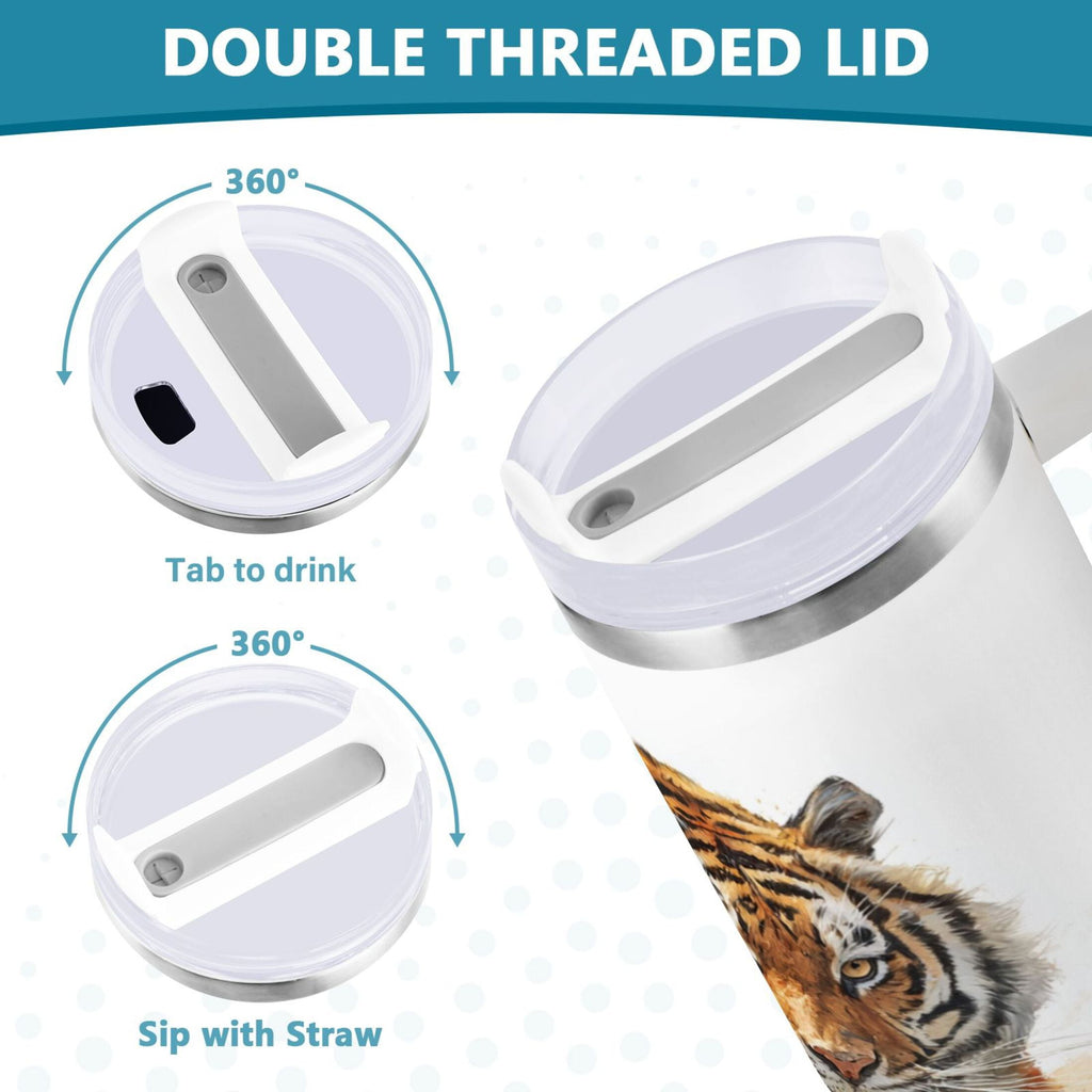 30 oz Insulated Stainless Steel Tumbler Double Wall Stainless Steel Tumbler with 2-Way Drinking Tiger in Action - UDFM