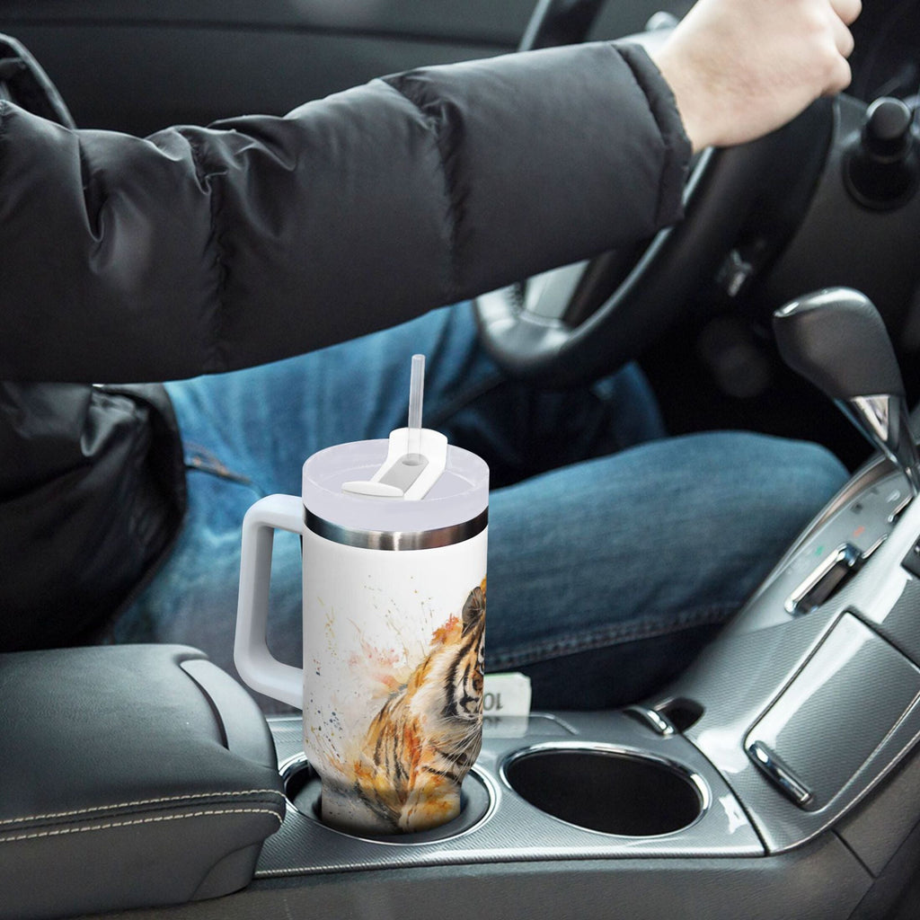 30 oz Insulated Stainless Steel Tumbler Double Wall Stainless Steel Tumbler with 2-Way Drinking Tiger in Action - UDFM