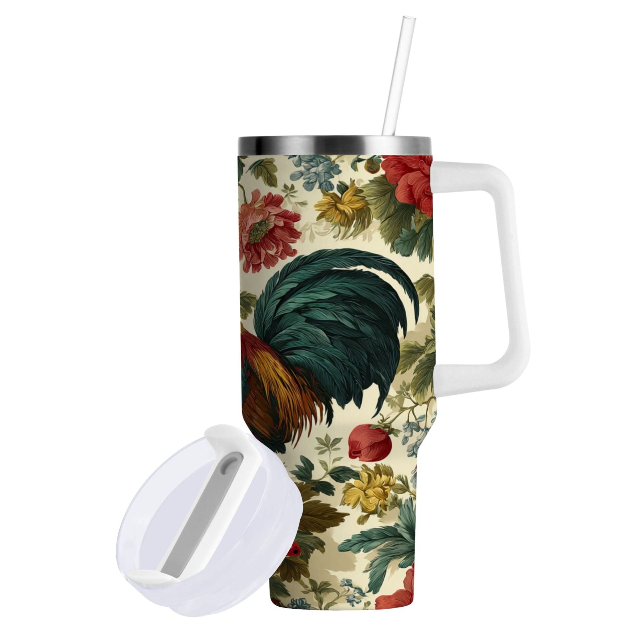 40 oz Insulated Stainless Steel Tumbler Double Wall Stainless Steel Tumbler with 2-Way Drinking Rooster and Vintage Floral - RLTO