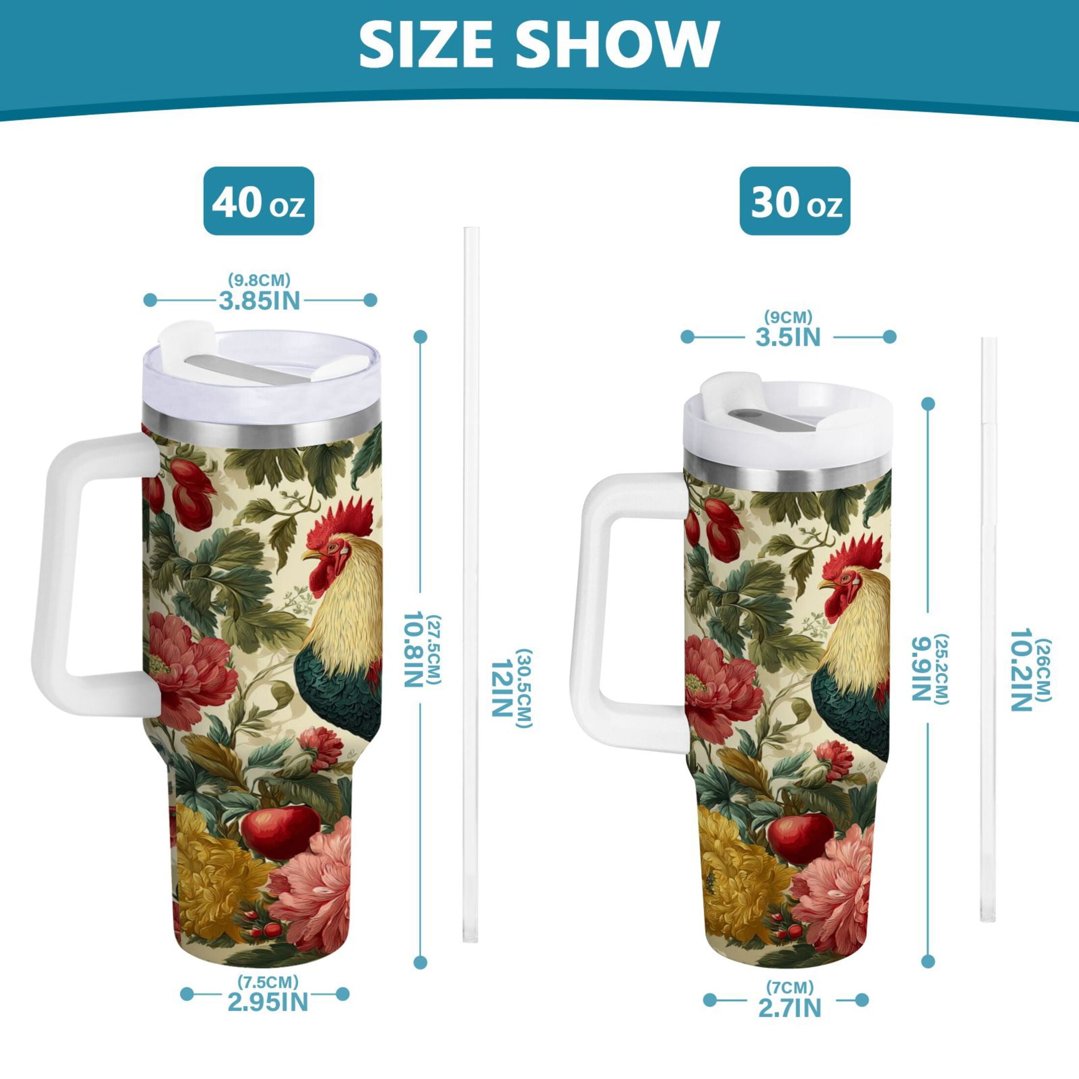 40 oz Insulated Stainless Steel Tumbler Double Wall Stainless Steel Tumbler with 2-Way Drinking Rooster and Vintage Floral - RLTO