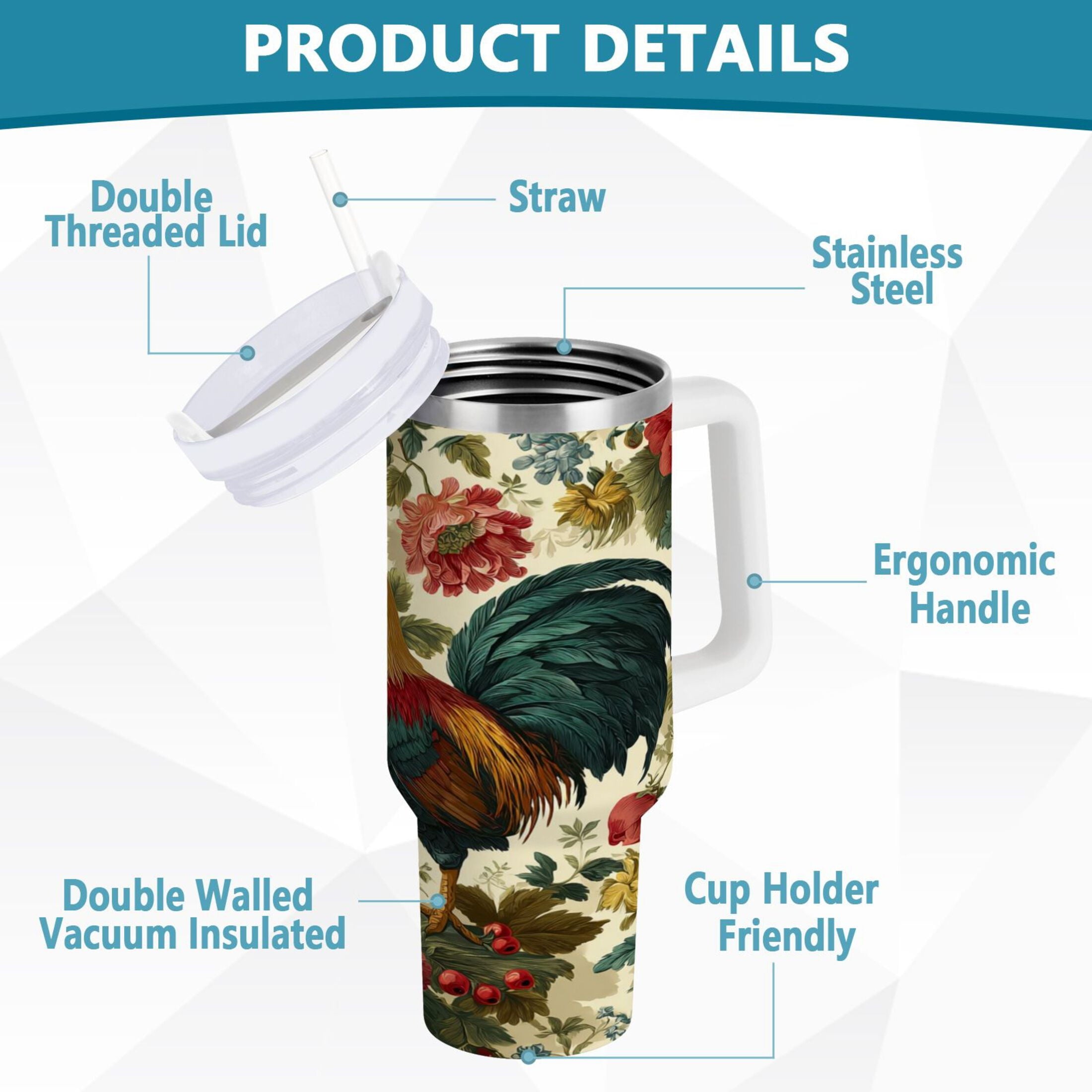 40 oz Insulated Stainless Steel Tumbler Double Wall Stainless Steel Tumbler with 2-Way Drinking Rooster and Vintage Floral - RLTO