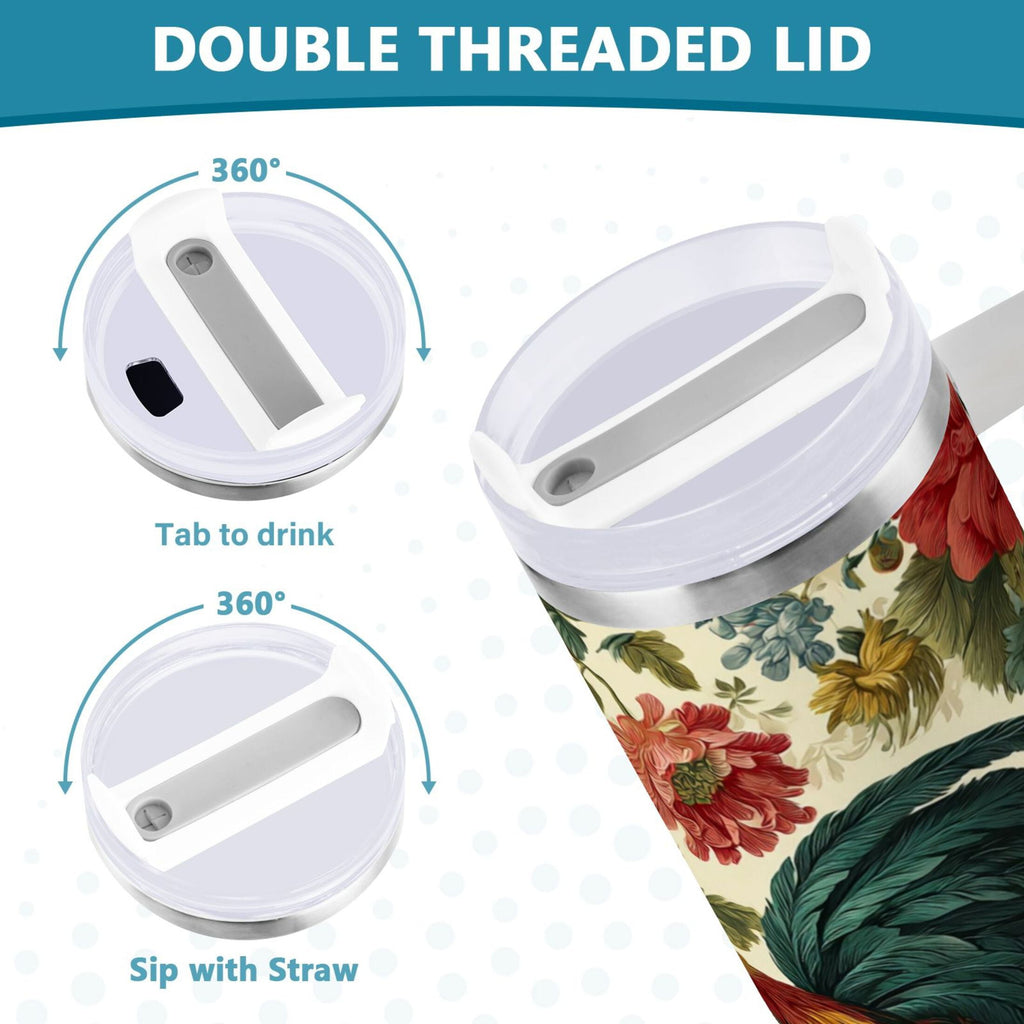 40 oz Insulated Stainless Steel Tumbler Double Wall Stainless Steel Tumbler with 2-Way Drinking Rooster and Vintage Floral - RLTO