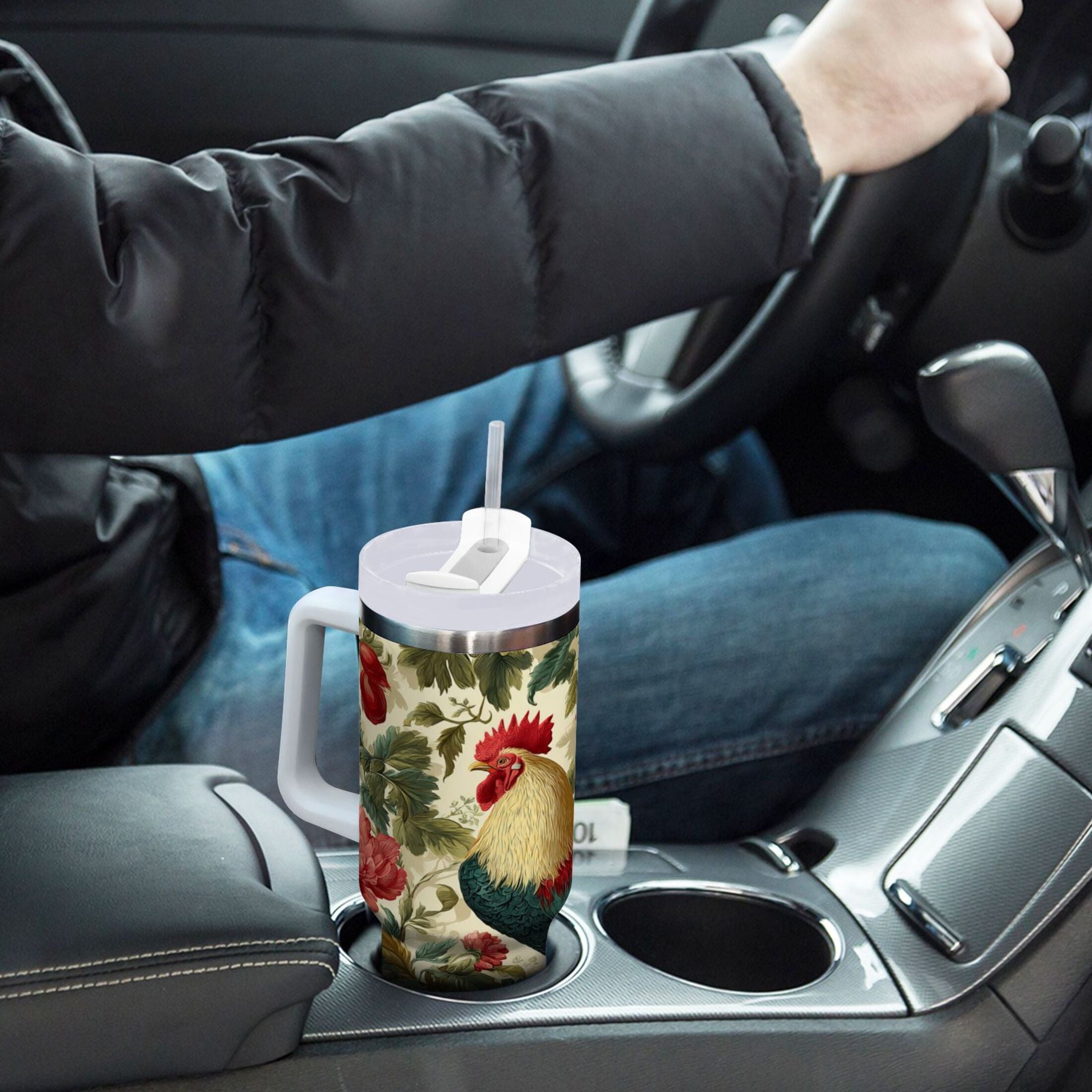 40 oz Insulated Stainless Steel Tumbler Double Wall Stainless Steel Tumbler with 2-Way Drinking Rooster and Vintage Floral - RLTO