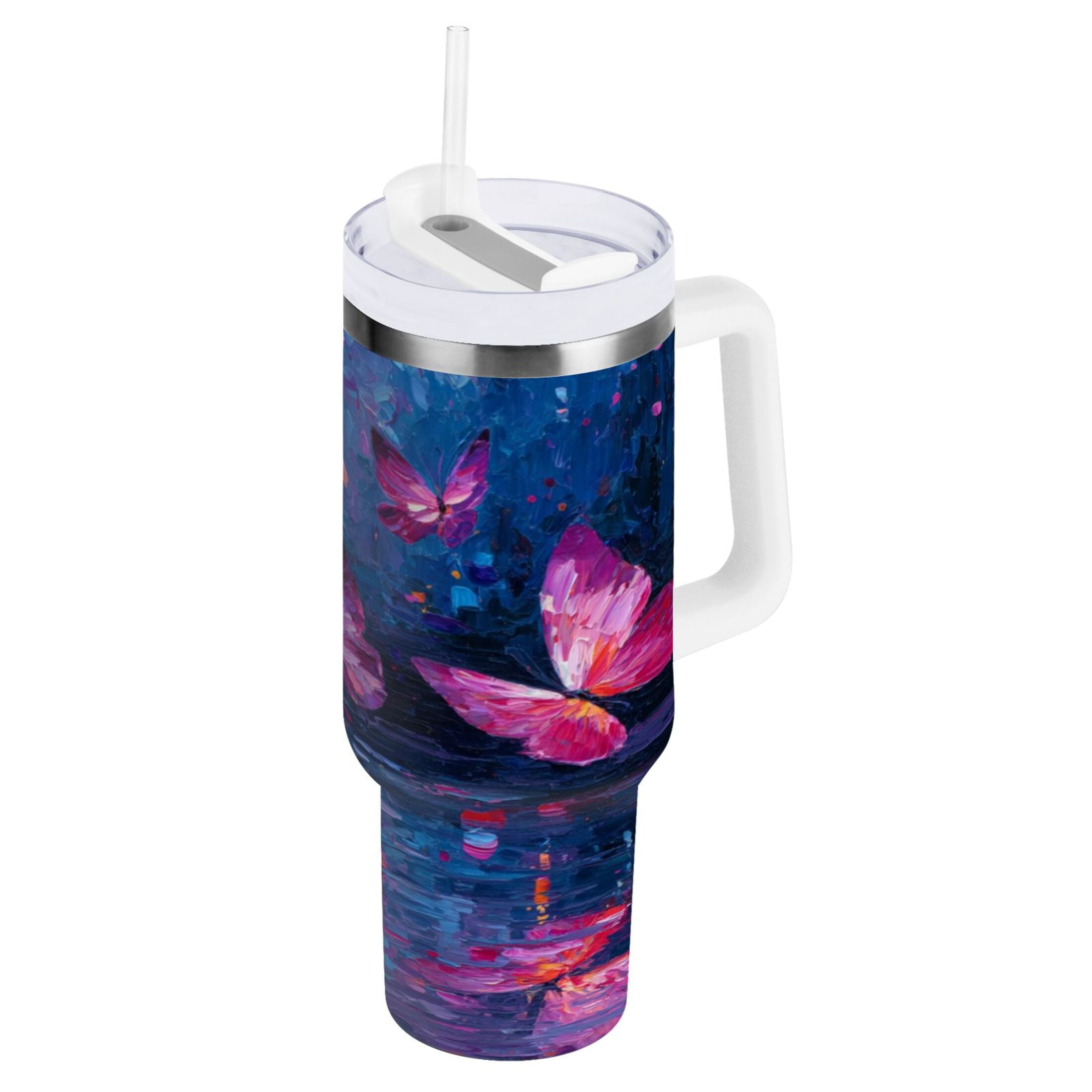 40 oz Insulated Stainless Steel Tumbler Double Wall Stainless Steel Tumbler with 2-Way Drinking Night Scene and Butterflies - X94E