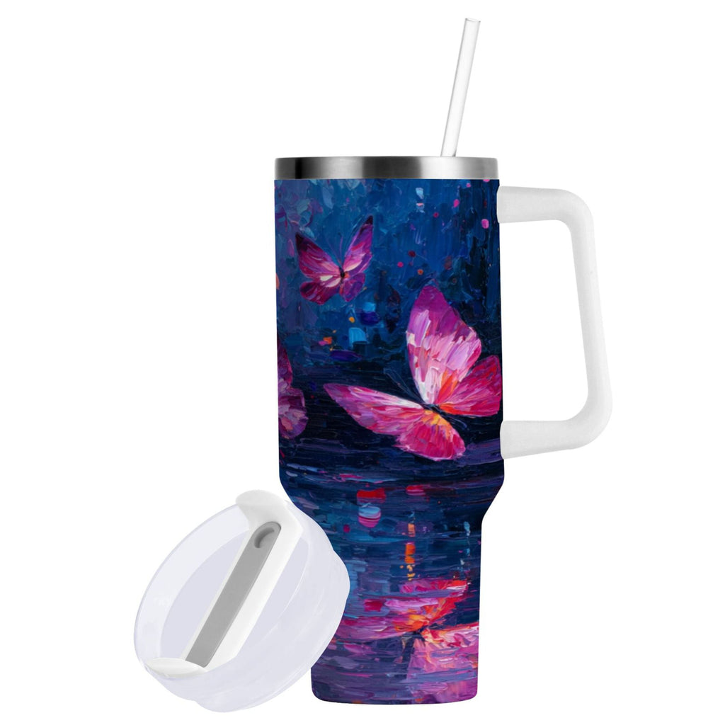 40 oz Insulated Stainless Steel Tumbler Double Wall Stainless Steel Tumbler with 2-Way Drinking Night Scene and Butterflies - X94E