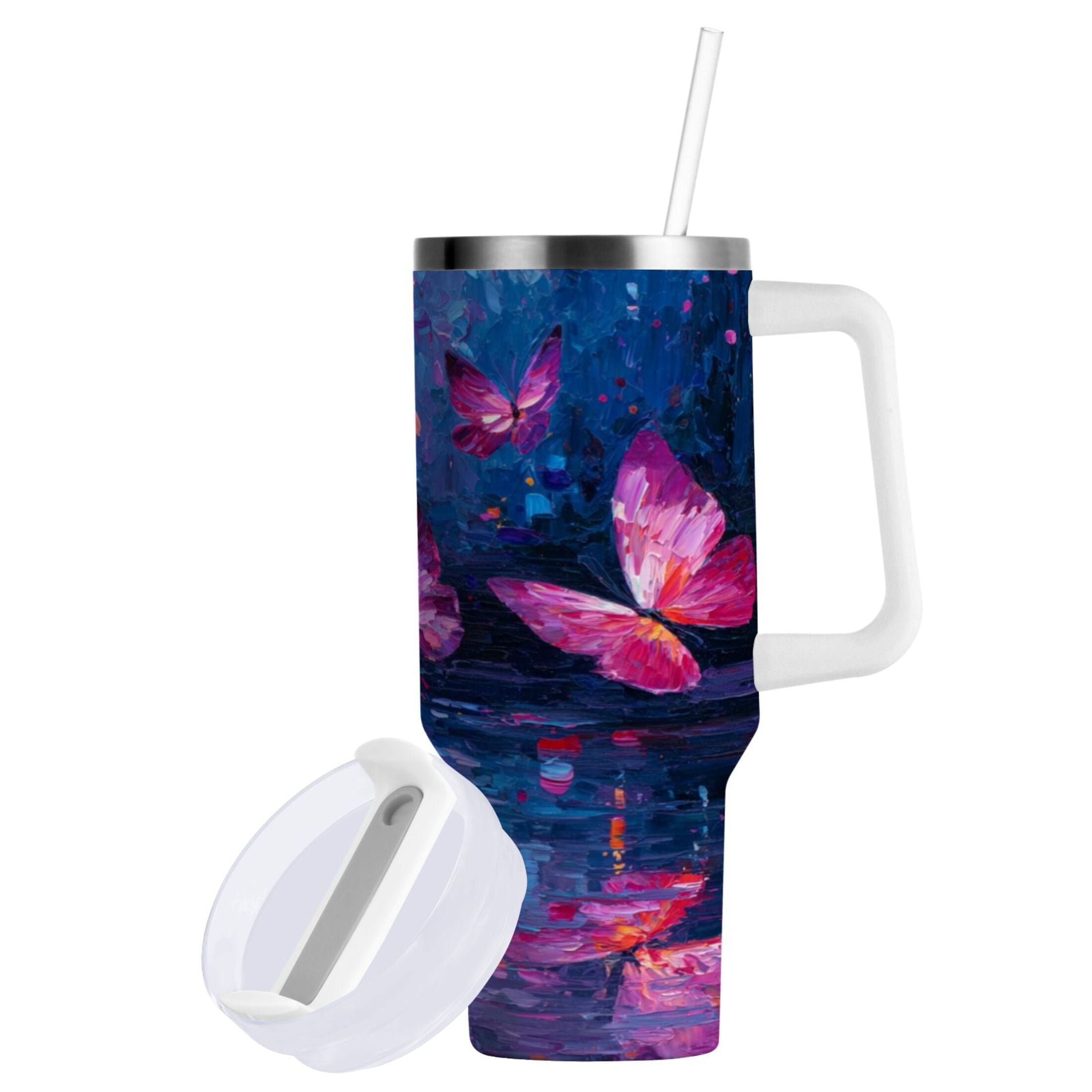40 oz Insulated Stainless Steel Tumbler Double Wall Stainless Steel Tumbler with 2-Way Drinking Night Scene and Butterflies - X94E