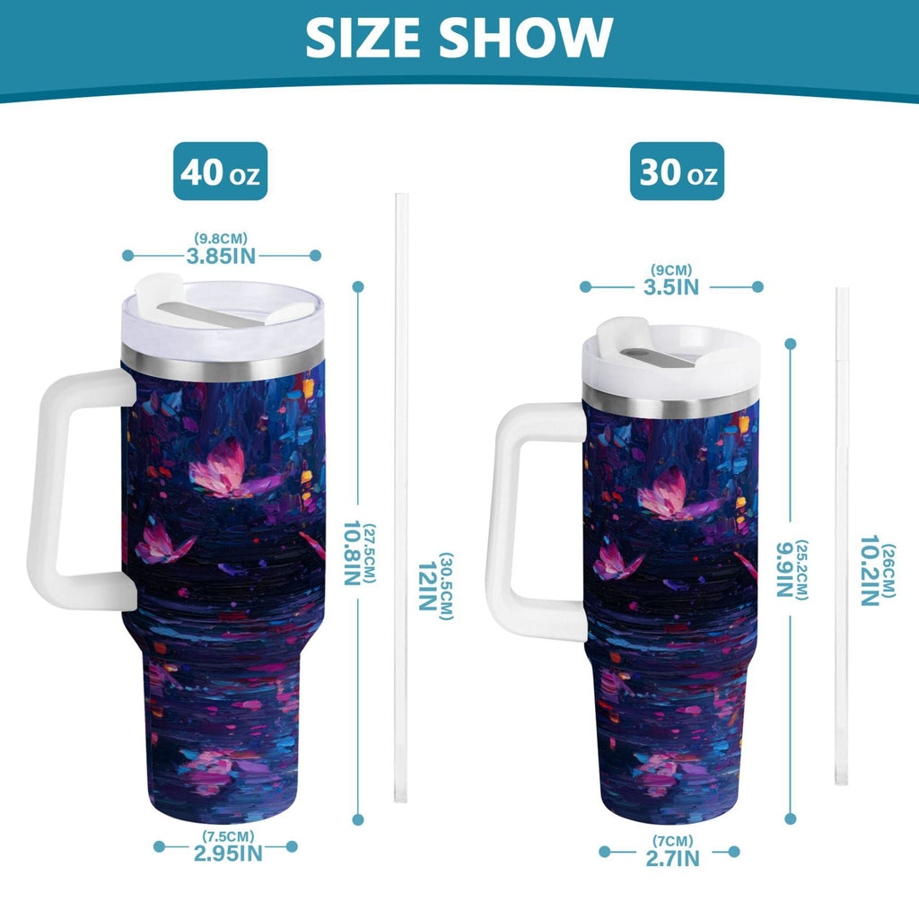 40 oz Insulated Stainless Steel Tumbler Double Wall Stainless Steel Tumbler with 2-Way Drinking Night Scene and Butterflies - X94E