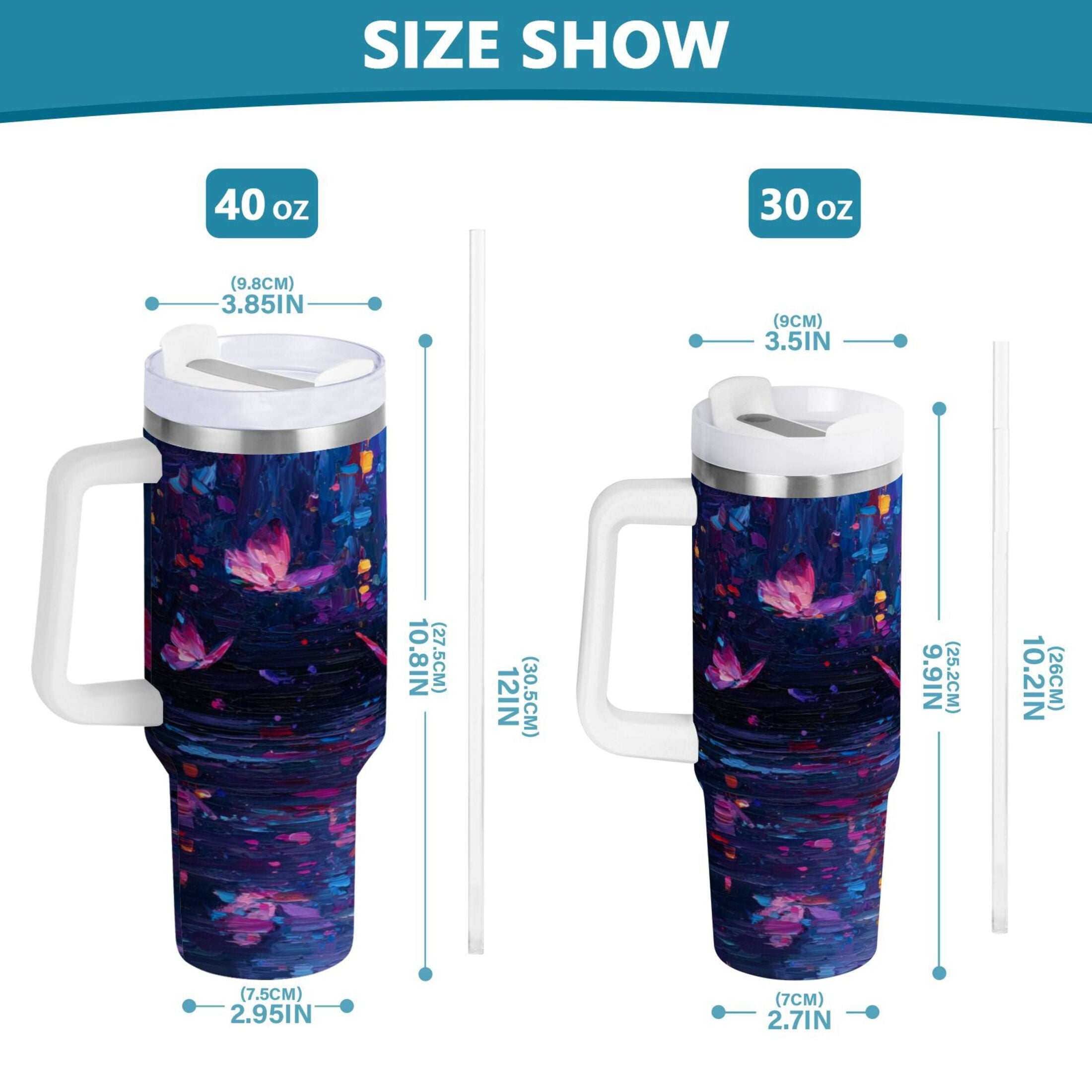 40 oz Insulated Stainless Steel Tumbler Double Wall Stainless Steel Tumbler with 2-Way Drinking Night Scene and Butterflies - X94E