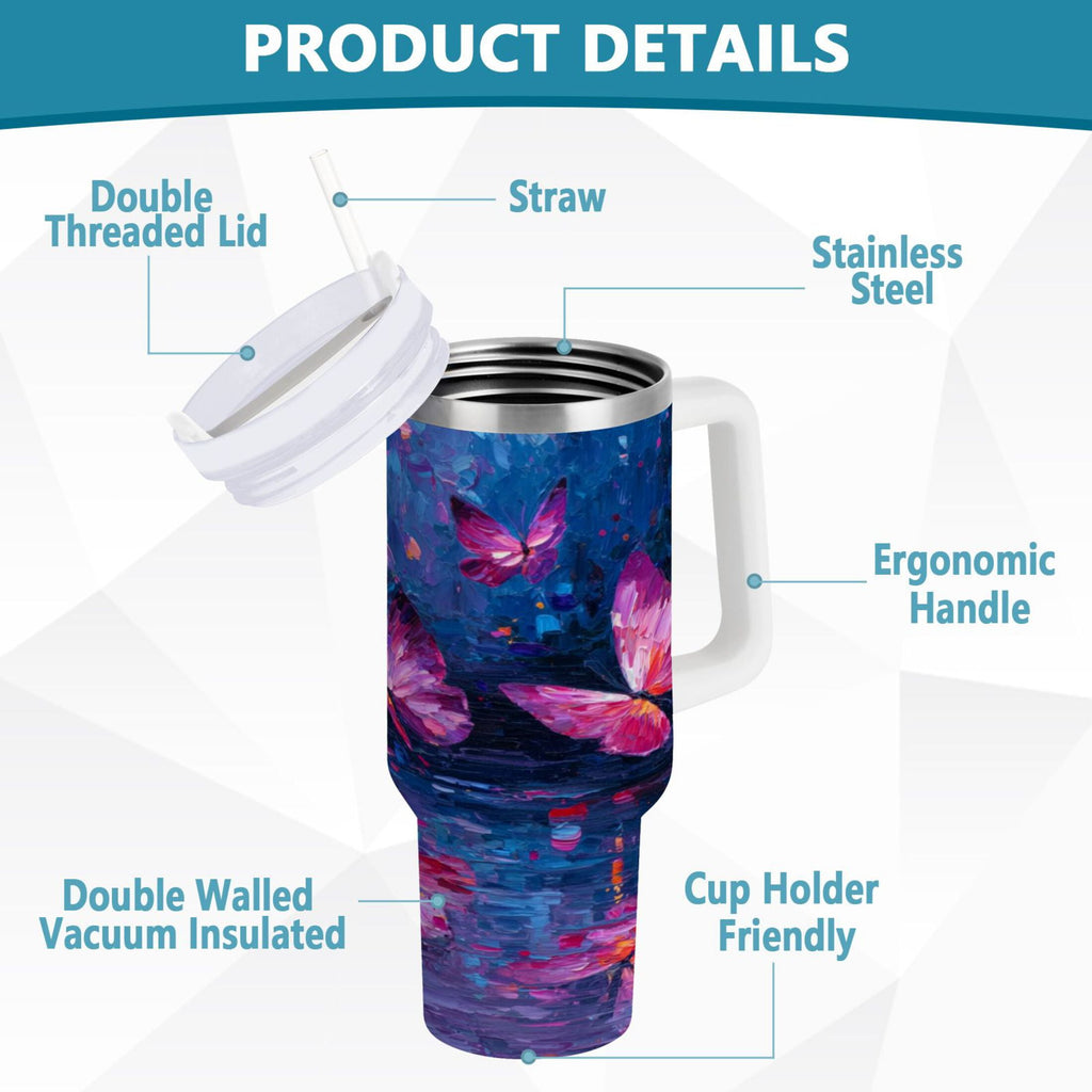 40 oz Insulated Stainless Steel Tumbler Double Wall Stainless Steel Tumbler with 2-Way Drinking Night Scene and Butterflies - X94E
