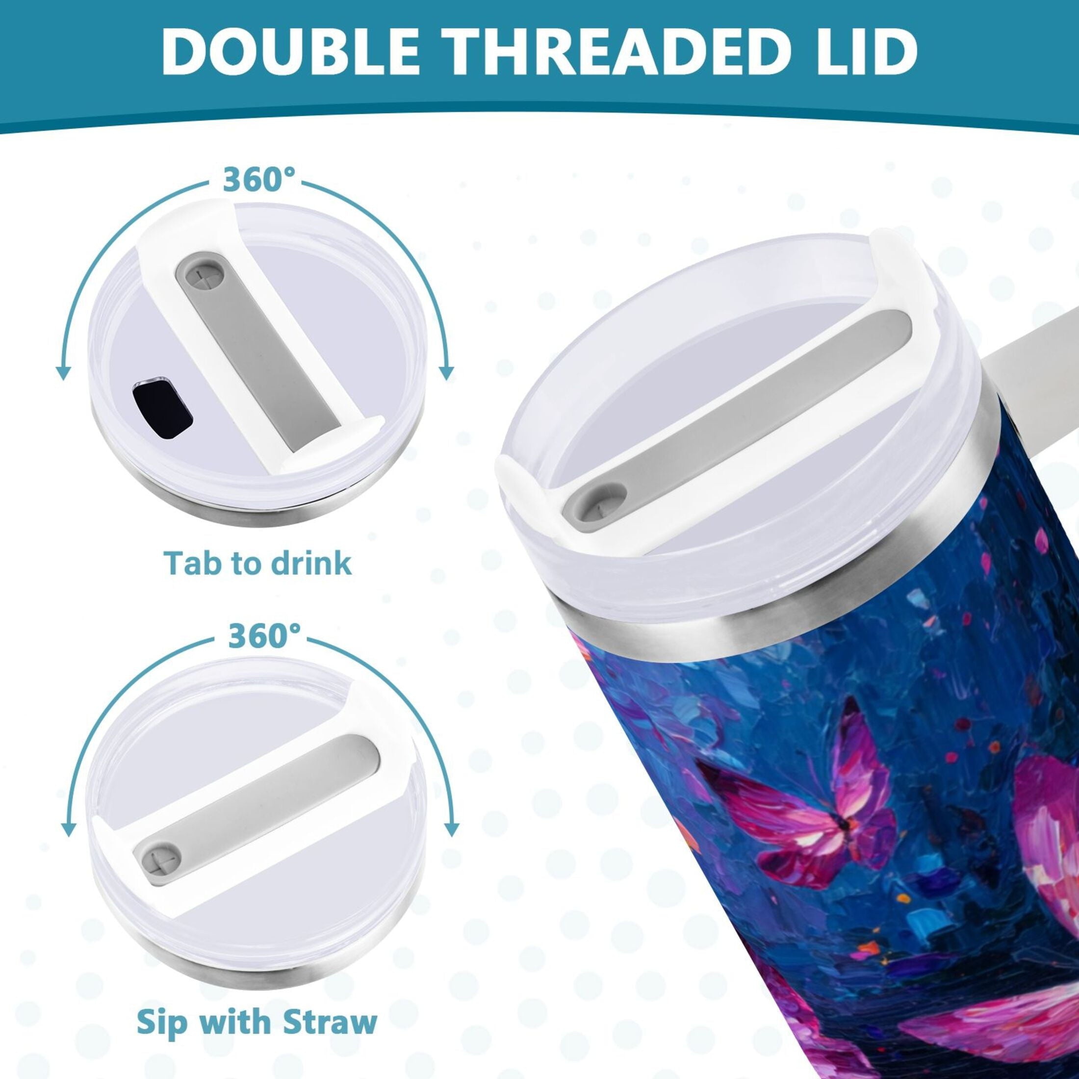 40 oz Insulated Stainless Steel Tumbler Double Wall Stainless Steel Tumbler with 2-Way Drinking Night Scene and Butterflies - X94E