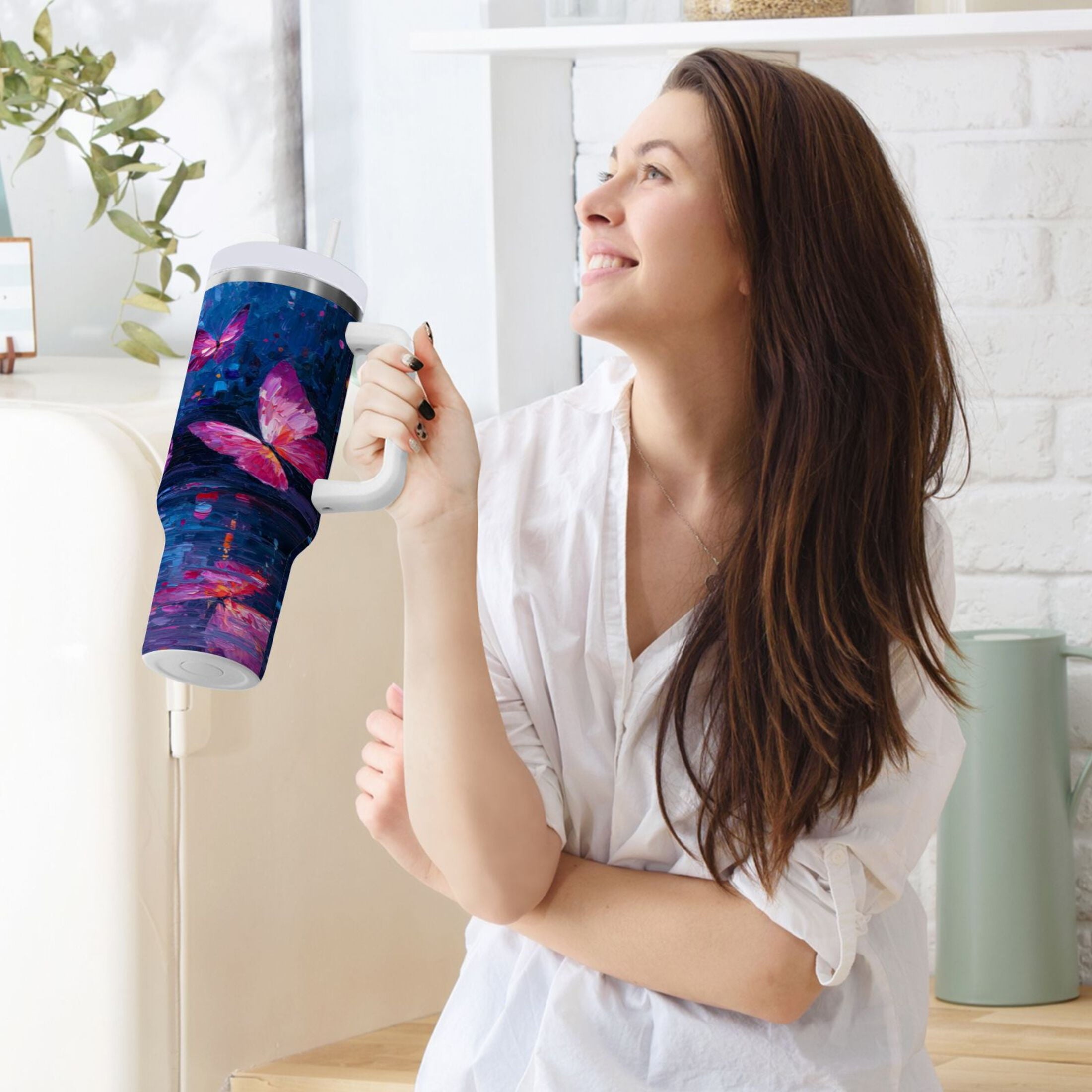 40 oz Insulated Stainless Steel Tumbler Double Wall Stainless Steel Tumbler with 2-Way Drinking Night Scene and Butterflies - X94E