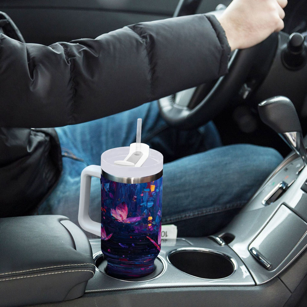 40 oz Insulated Stainless Steel Tumbler Double Wall Stainless Steel Tumbler with 2-Way Drinking Night Scene and Butterflies - X94E