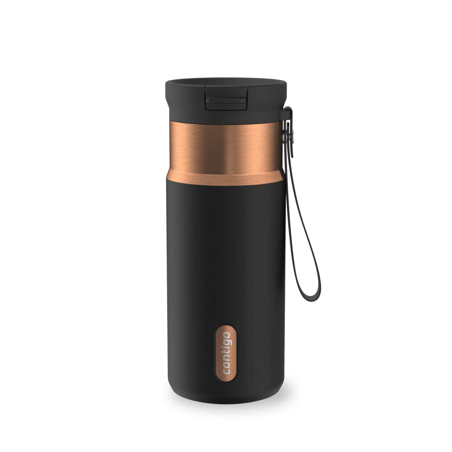 Contigo SnapSeal Leakproof Stainless Steel Reusable Water Bottle with Carrying Strap, Black/Bronze, 16 oz - YXYN