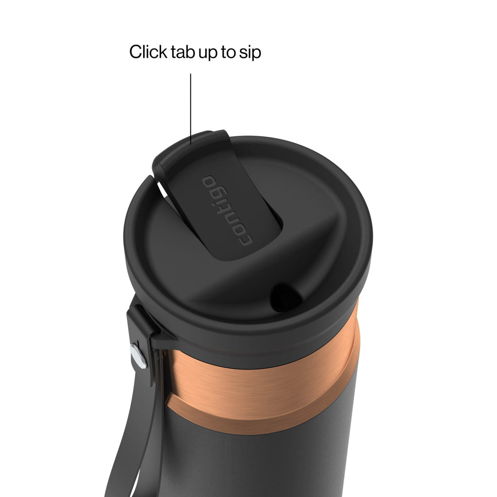 Contigo SnapSeal Leakproof Stainless Steel Reusable Water Bottle with Carrying Strap, Black/Bronze, 16 oz - YXYN