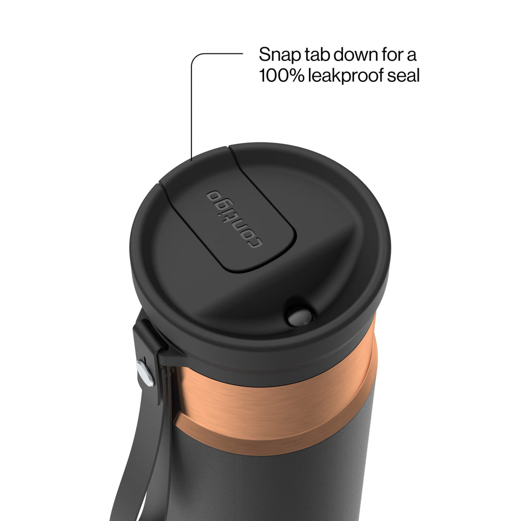 Contigo SnapSeal Leakproof Stainless Steel Reusable Water Bottle with Carrying Strap, Black/Bronze, 16 oz - YXYN
