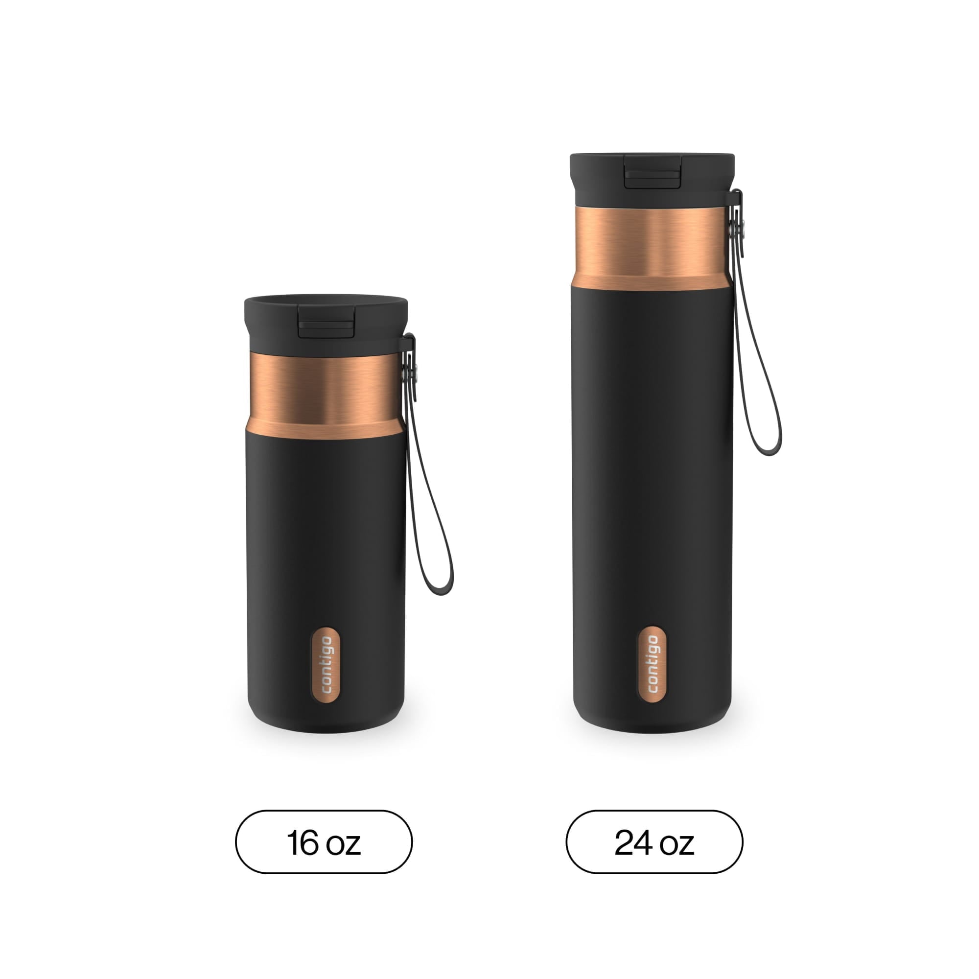 Contigo SnapSeal Leakproof Stainless Steel Reusable Water Bottle with Carrying Strap, Black/Bronze, 16 oz - YXYN