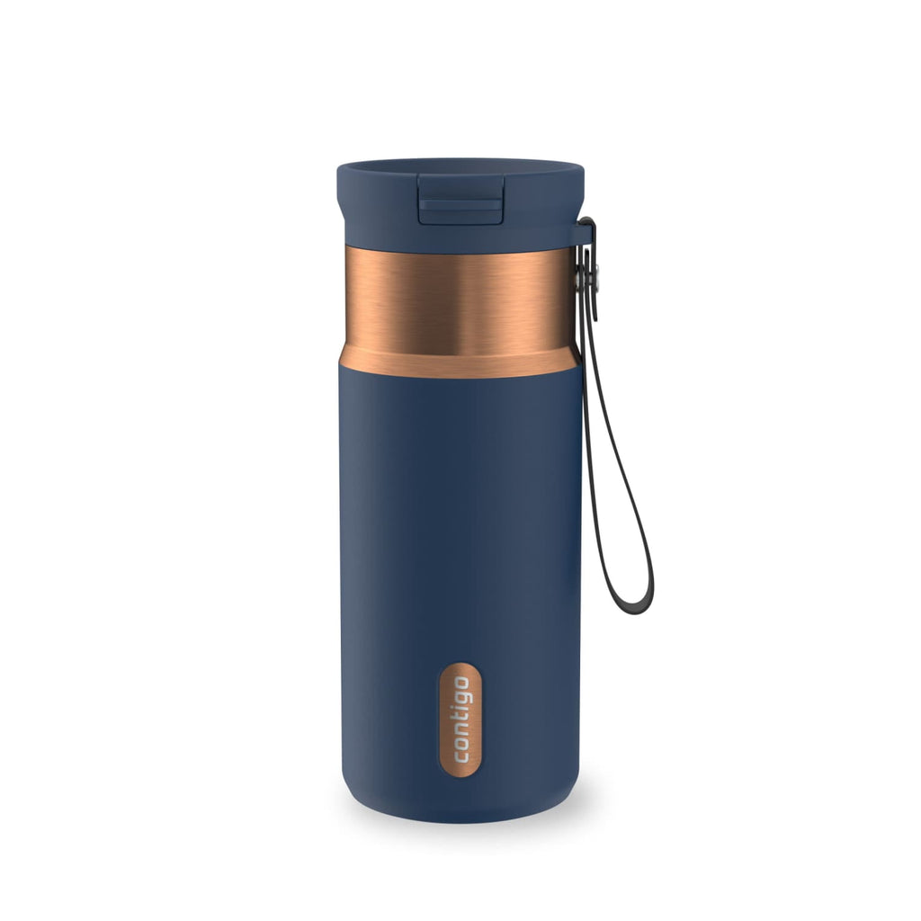Contigo SnapSeal Leakproof Stainless Steel Reusable Water Bottle with Carrying Strap, Black/Bronze, 16 oz - YXYN