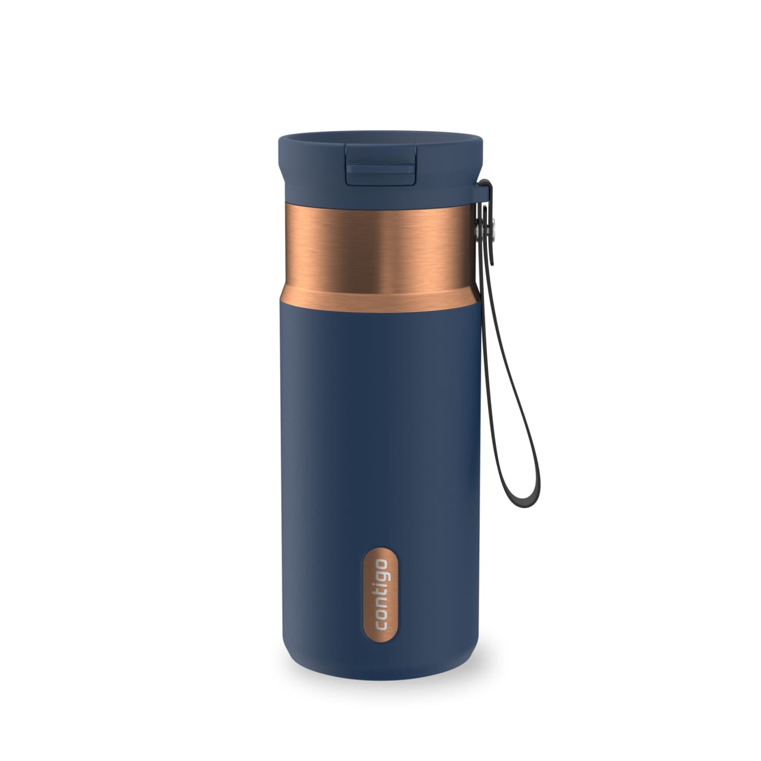 Contigo SnapSeal Leakproof Stainless Steel Reusable Water Bottle with Carrying Strap, Black/Bronze, 16 oz - YXYN