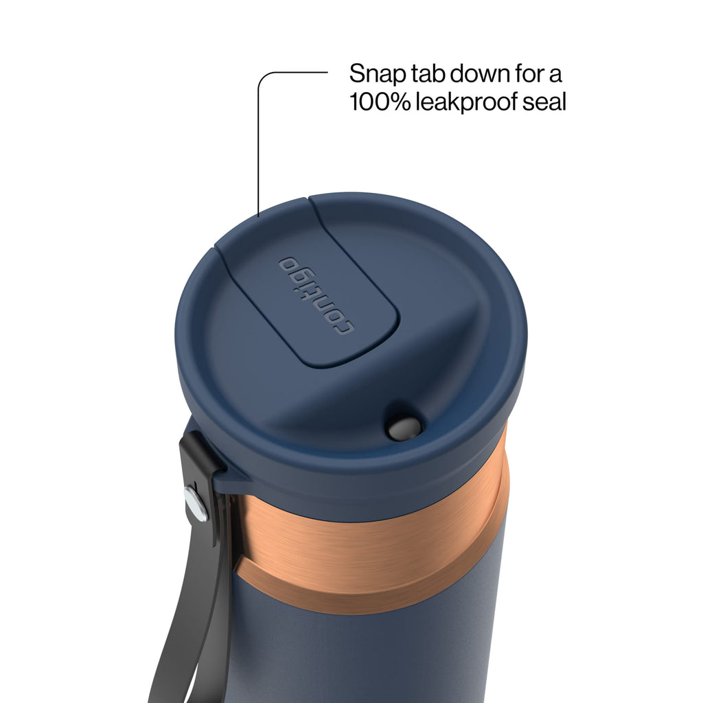 Contigo SnapSeal Leakproof Stainless Steel Reusable Water Bottle with Carrying Strap, Black/Bronze, 16 oz - YXYN