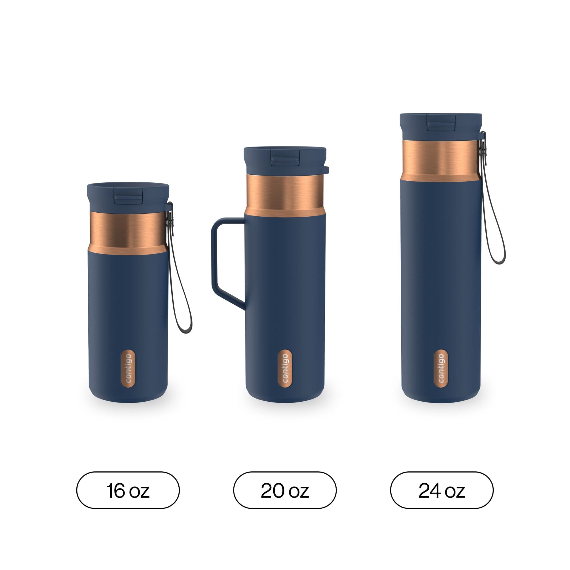 Contigo SnapSeal Leakproof Stainless Steel Reusable Water Bottle with Carrying Strap, Black/Bronze, 16 oz - YXYN