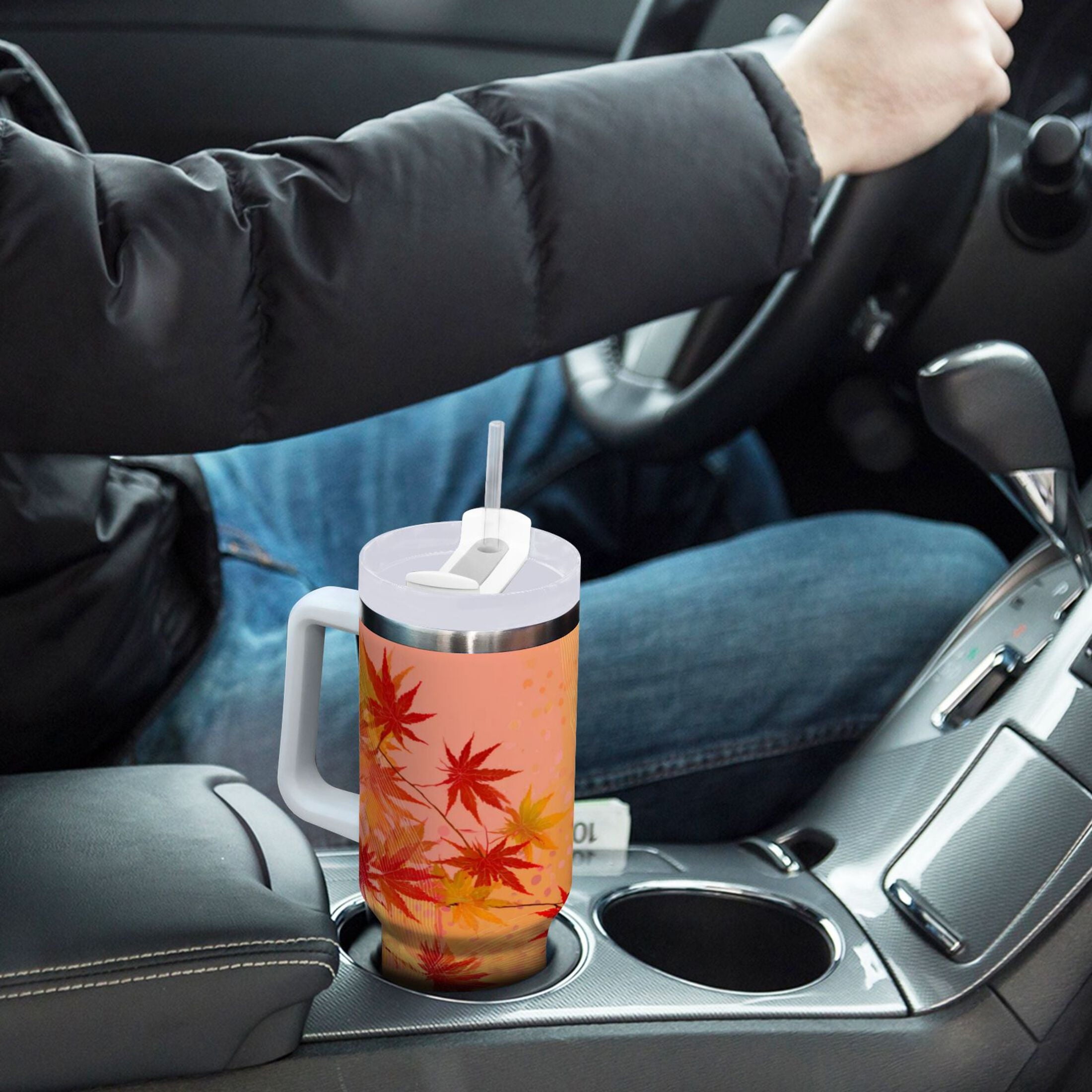 40 oz Insulated Stainless Steel Tumbler Double Wall Stainless Steel Tumbler with 2-Way Drinking Red Maple Leaves in Autumn - VKGI
