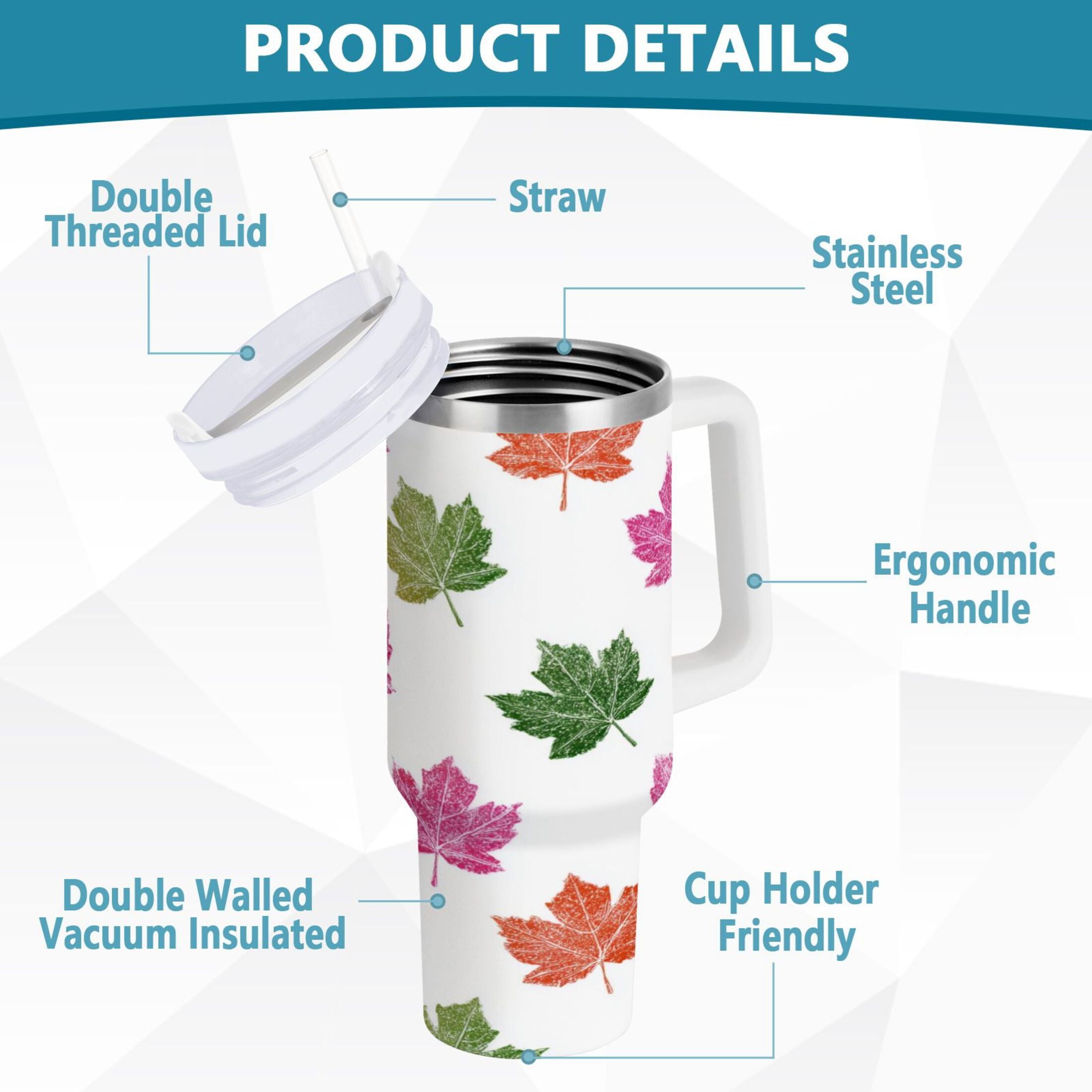 40 oz Insulated Stainless Steel Tumbler Double Wall Stainless Steel Tumbler with 2-Way Drinking Pink Maple Leaf - LTVH