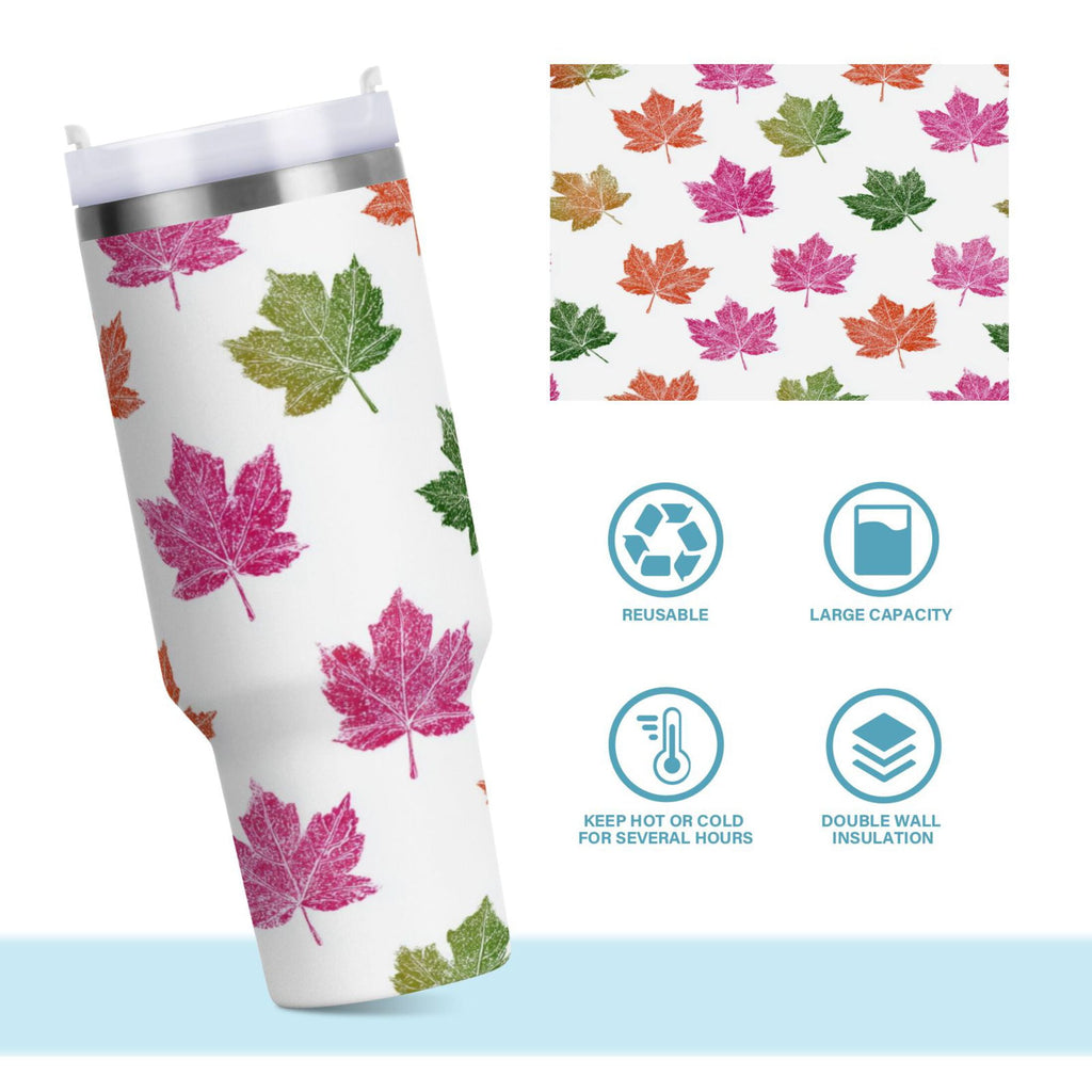 40 oz Insulated Stainless Steel Tumbler Double Wall Stainless Steel Tumbler with 2-Way Drinking Pink Maple Leaf - LTVH