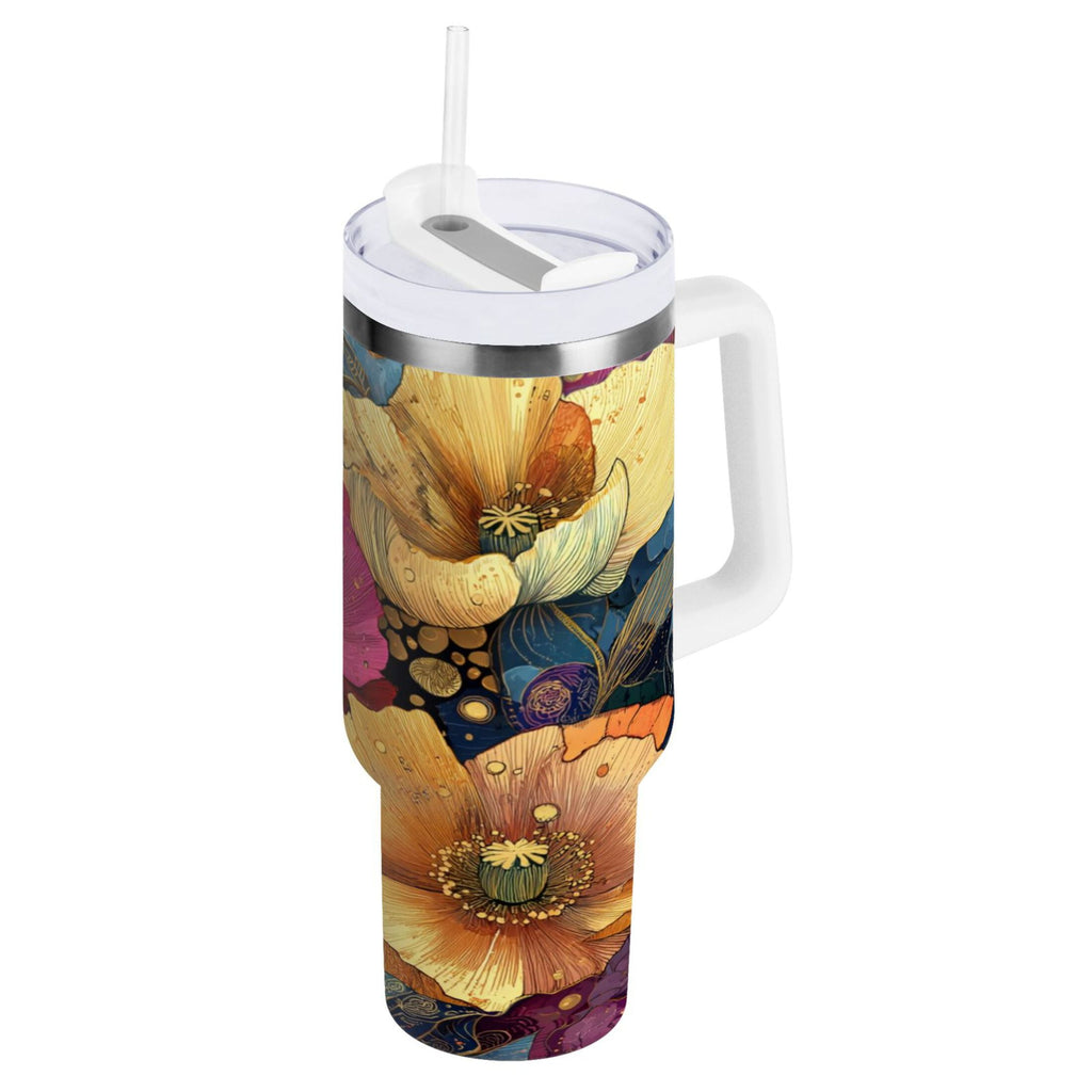 40 oz Insulated Stainless Steel Tumbler Double Wall Stainless Steel Tumbler with 2-Way Drinking Vibrant and Intricate Flowers - 2TJN