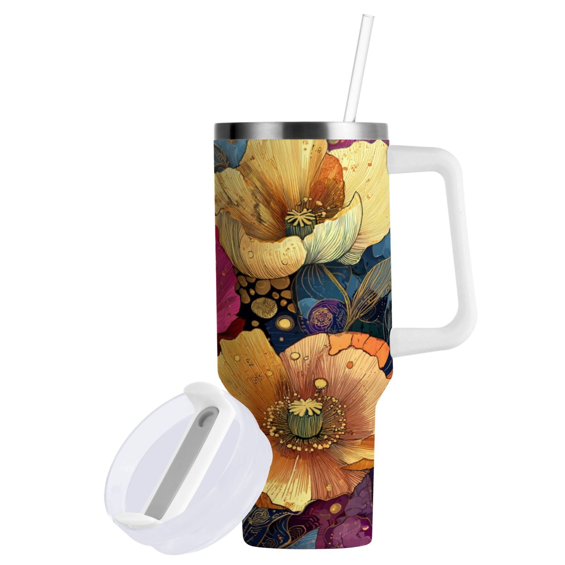 40 oz Insulated Stainless Steel Tumbler Double Wall Stainless Steel Tumbler with 2-Way Drinking Vibrant and Intricate Flowers - 2TJN