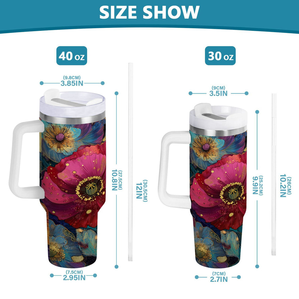 40 oz Insulated Stainless Steel Tumbler Double Wall Stainless Steel Tumbler with 2-Way Drinking Vibrant and Intricate Flowers - 2TJN