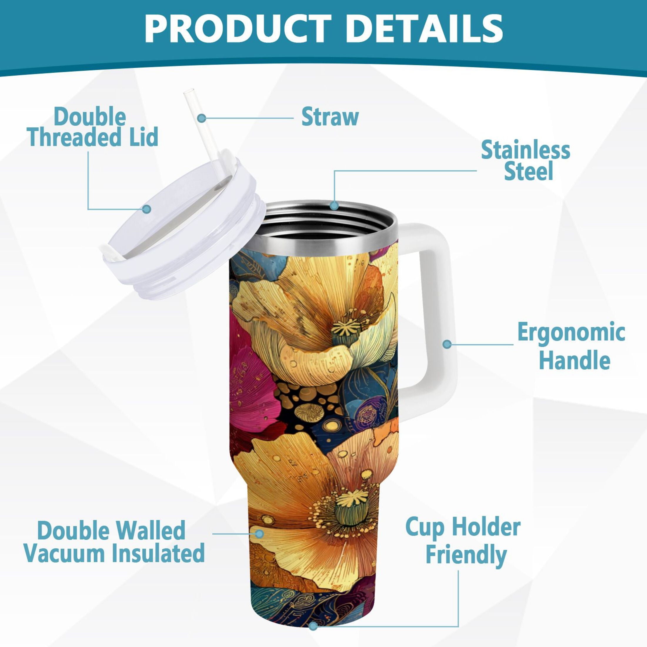 40 oz Insulated Stainless Steel Tumbler Double Wall Stainless Steel Tumbler with 2-Way Drinking Vibrant and Intricate Flowers - 2TJN