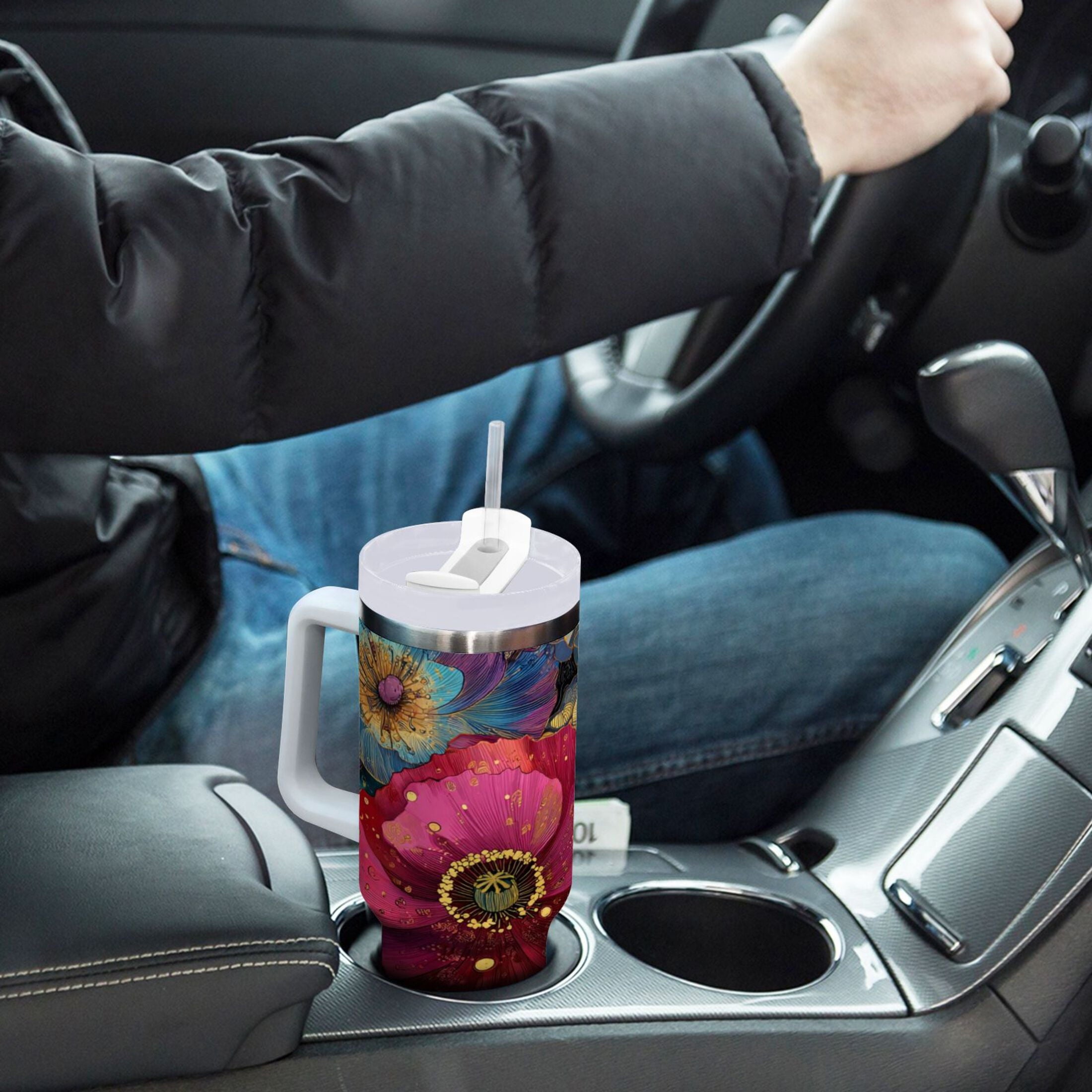 40 oz Insulated Stainless Steel Tumbler Double Wall Stainless Steel Tumbler with 2-Way Drinking Vibrant and Intricate Flowers - 2TJN