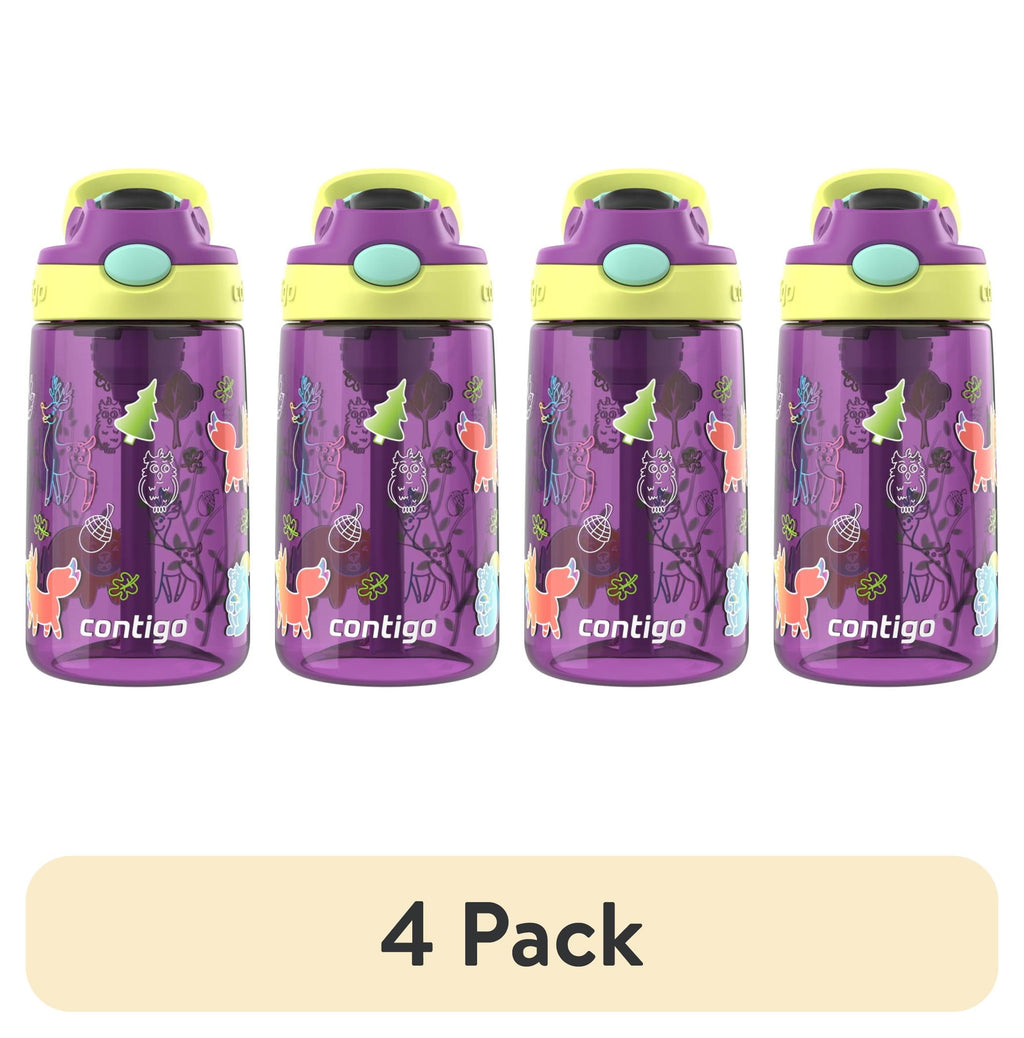 (4 pack) Contigo Kids Water Bottle with Redesigned AUTOSPOUT Straw, 14 oz, Grape Forest Haven - MRSP
