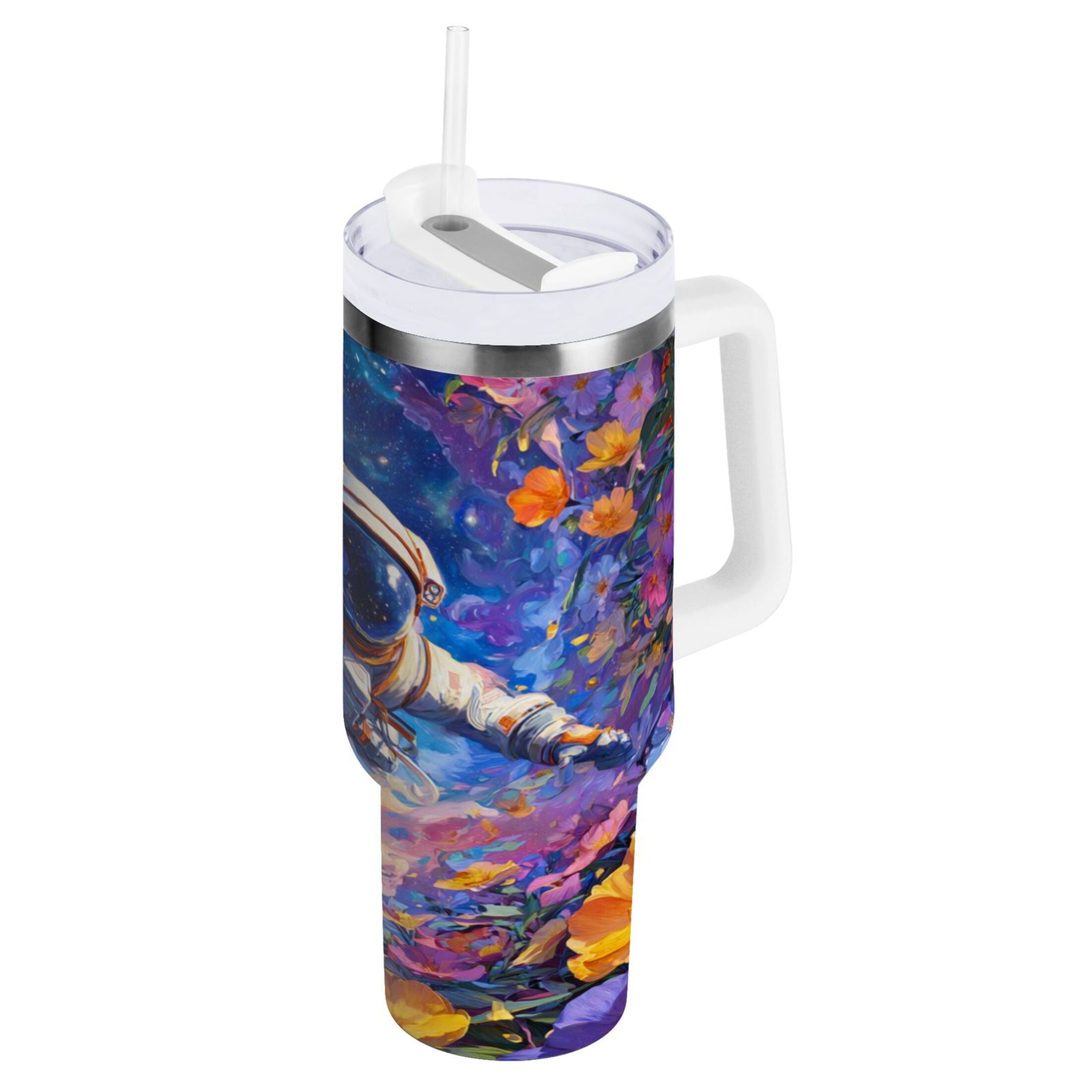 40 oz Insulated Stainless Steel Tumbler Double Wall Stainless Steel Tumbler with 2-Way Drinking Astronaut and Colorful Flowers - AYMO