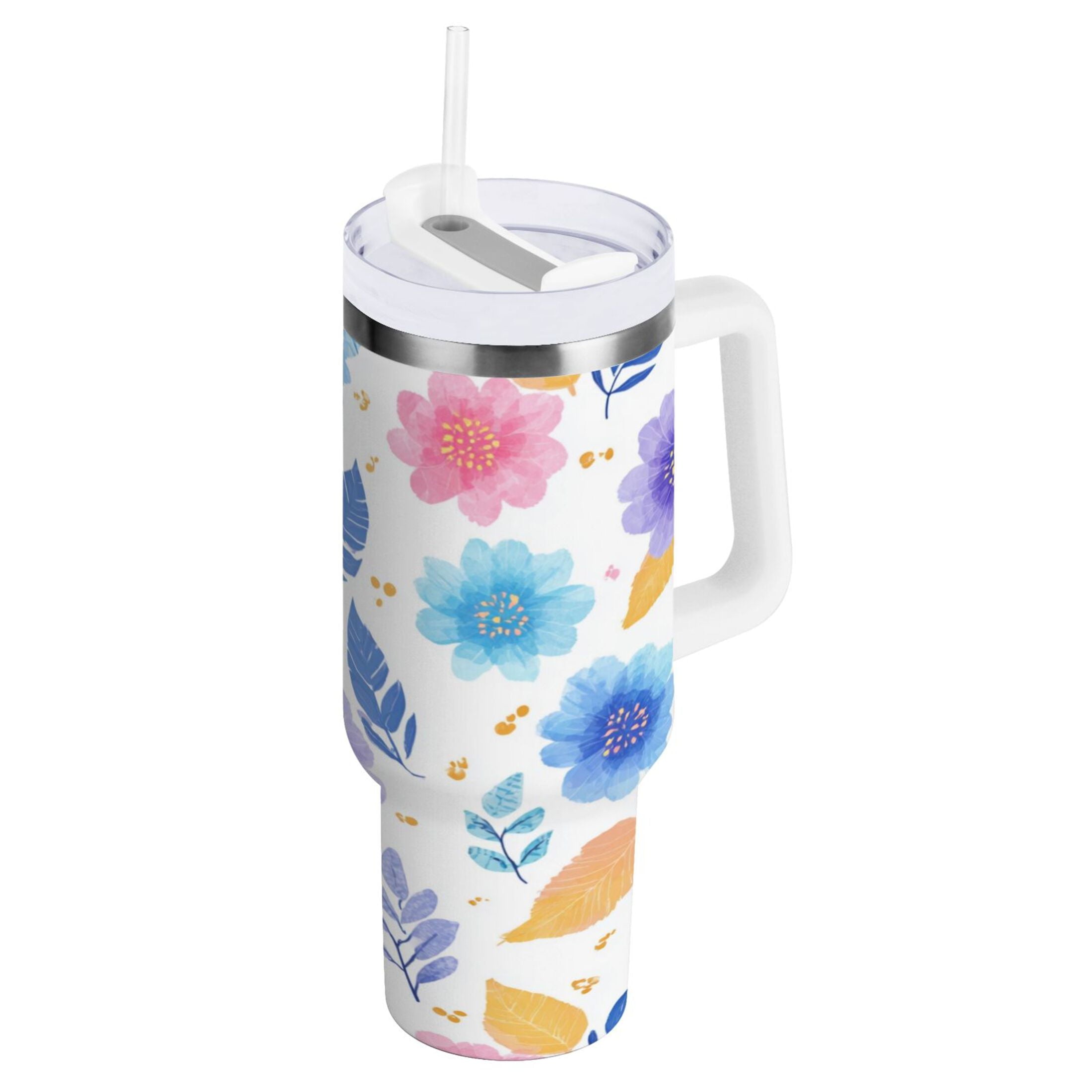 30 oz Insulated Stainless Steel Tumbler Double Wall Stainless Steel Tumbler with 2-Way Drinking Blue and Purple Flowers - 1XFL