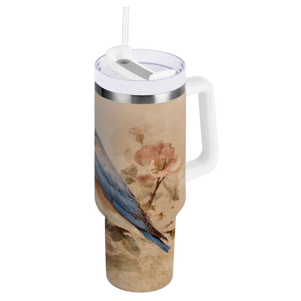 40 oz Insulated Stainless Steel Tumbler Double Wall Stainless Steel Tumbler with 2-Way Drinking Bluebird and Ancient Flowers - LIU7