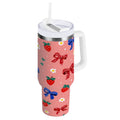 40 oz Insulated Stainless Steel Tumbler Double Wall Stainless Steel Tumbler with 2-Way Drinking Bows and Strawberries Pattern - 4YTT