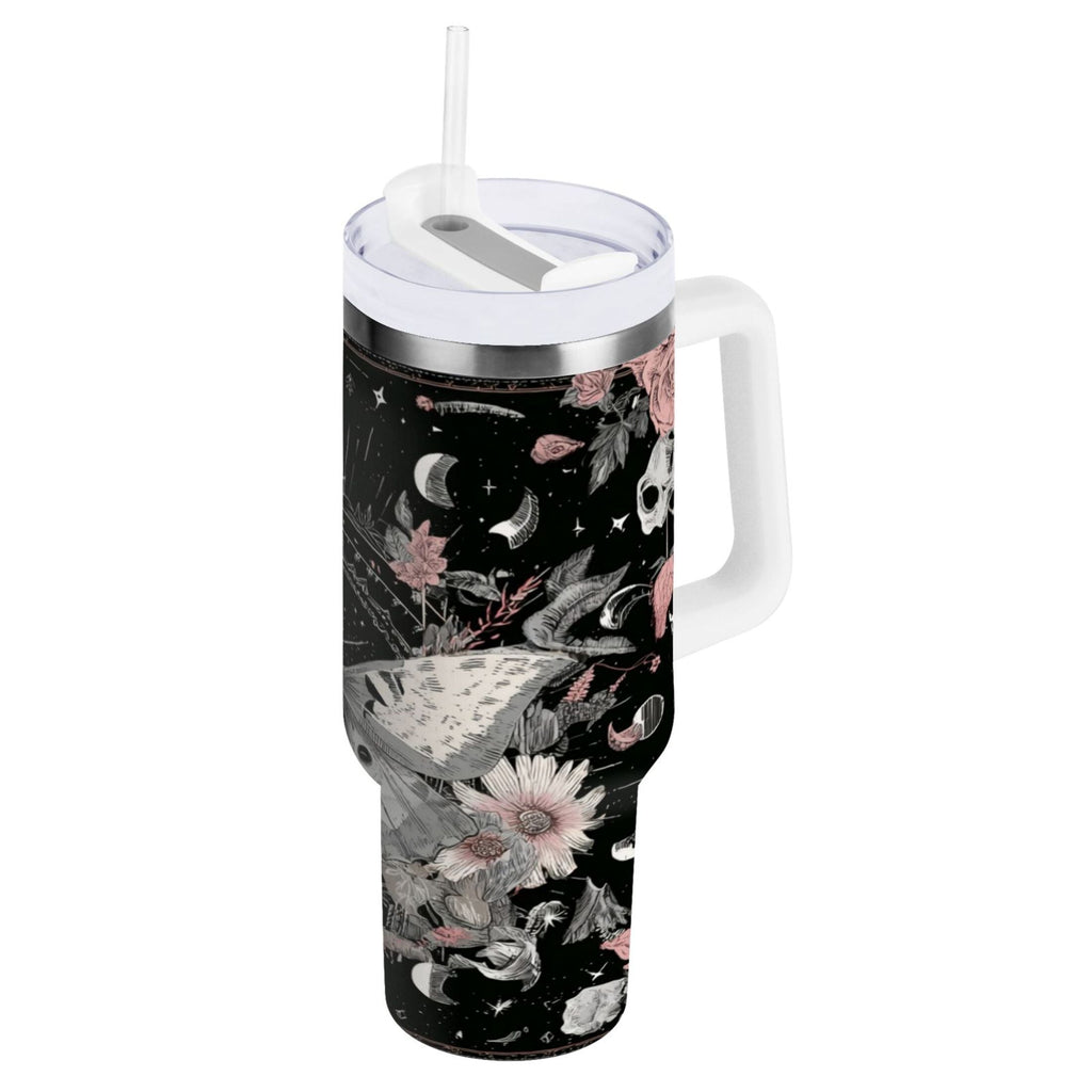 40 oz Insulated Stainless Steel Tumbler Double Wall Stainless Steel Tumbler with 2-Way Drinking Butterfly Surrounded by Flowers - A3EB
