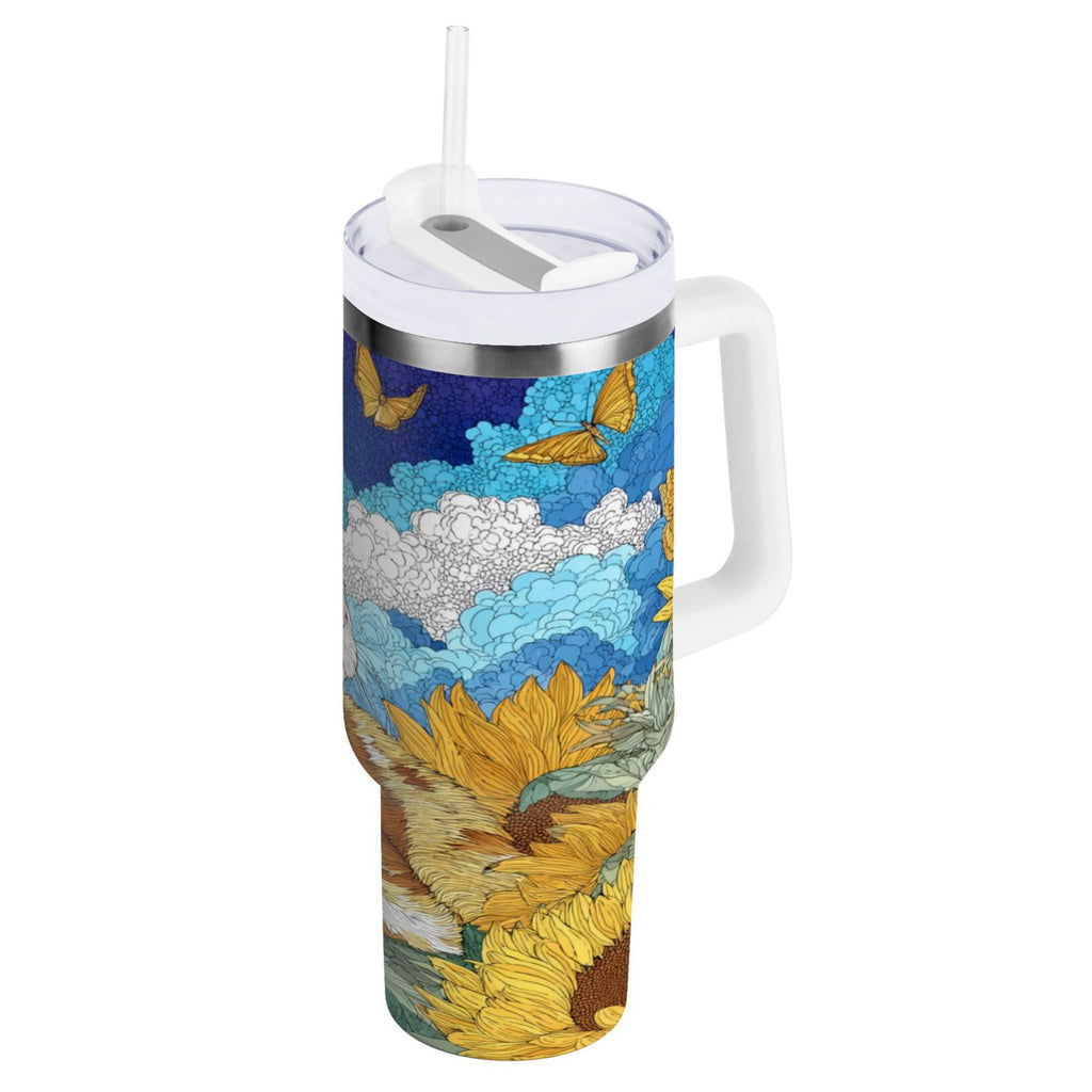 40 oz Insulated Stainless Steel Tumbler Double Wall Stainless Steel Tumbler with 2-Way Drinking Cat Lies in The Sunflowers - IUWO