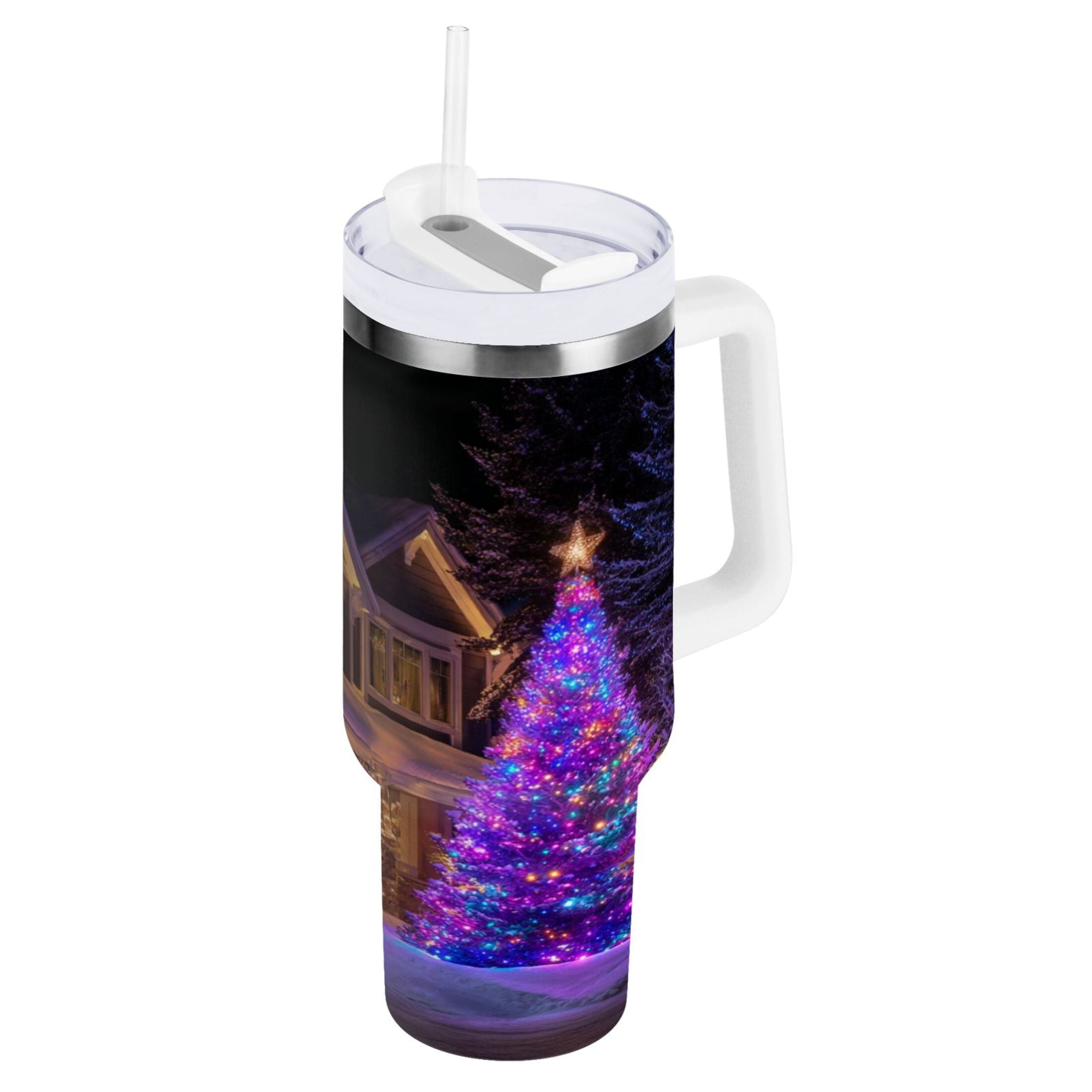 40 oz Insulated Stainless Steel Tumbler Double Wall Stainless Steel Tumbler with 2-Way Drinking Christmas Trees with Lights - EWR7