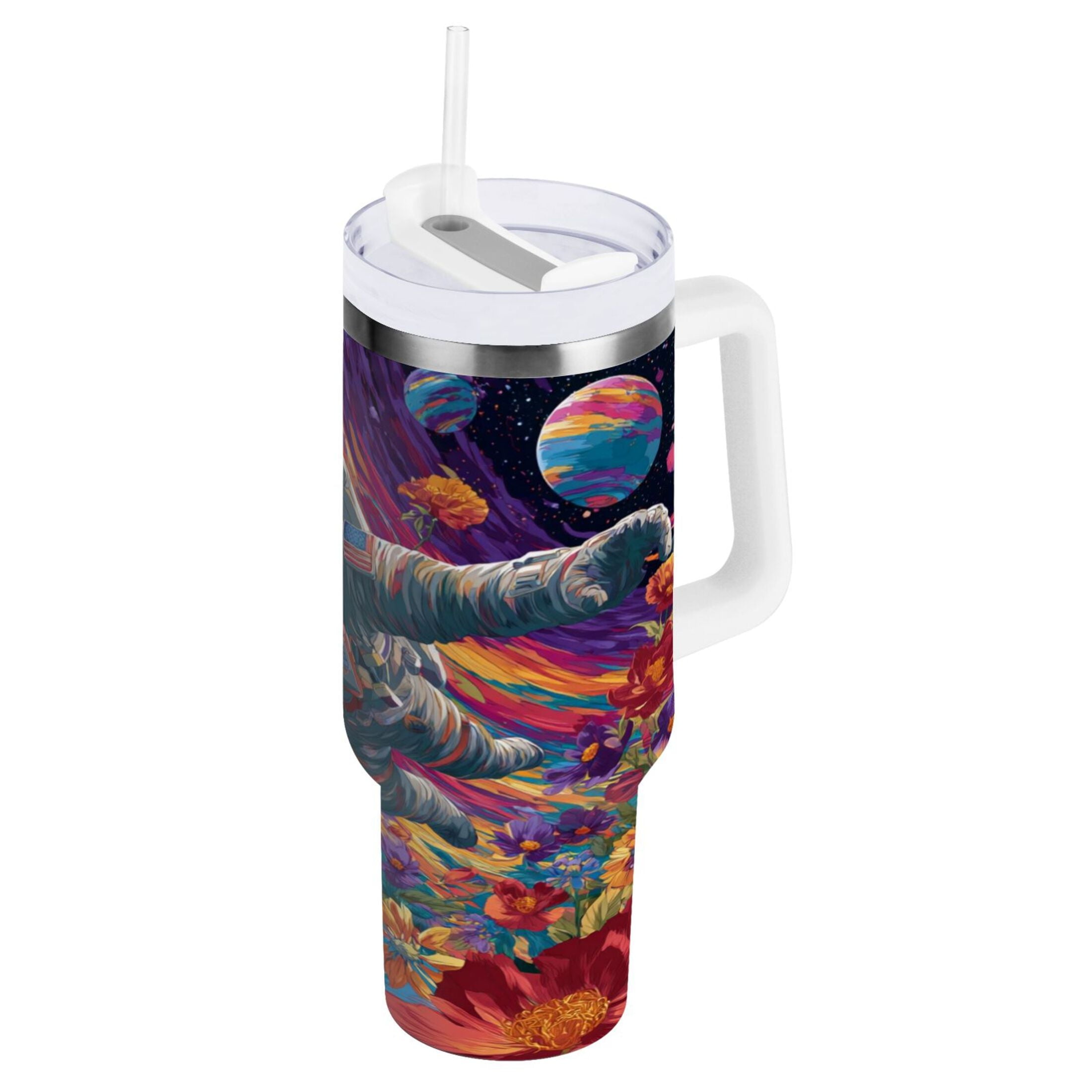 40 oz Insulated Stainless Steel Tumbler Double Wall Stainless Steel Tumbler with 2-Way Drinking Colorful Flowers and Planets - VVEF
