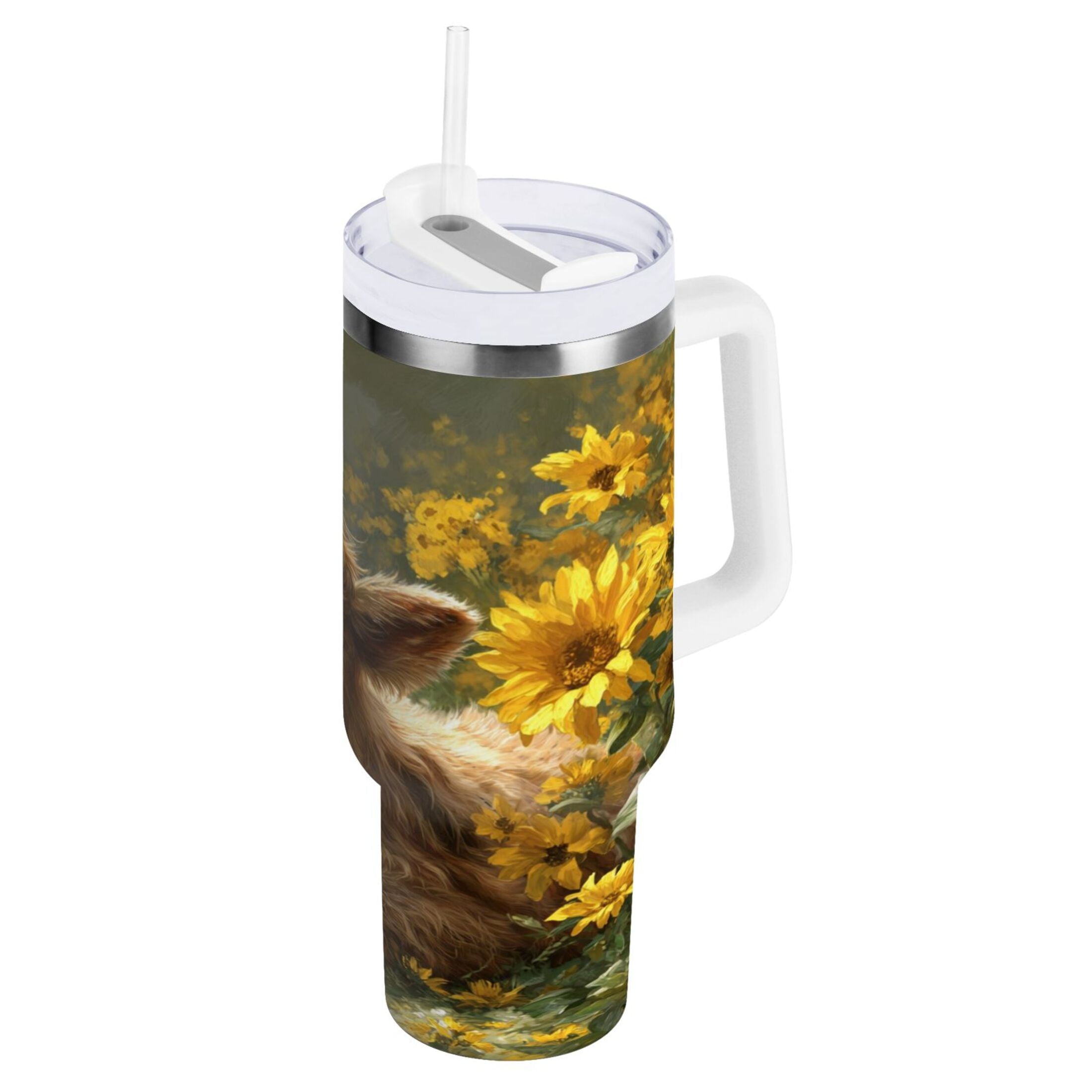 40 oz Insulated Stainless Steel Tumbler Double Wall Stainless Steel Tumbler with 2-Way Drinking Cow Lying in Sunflowers - R1KL