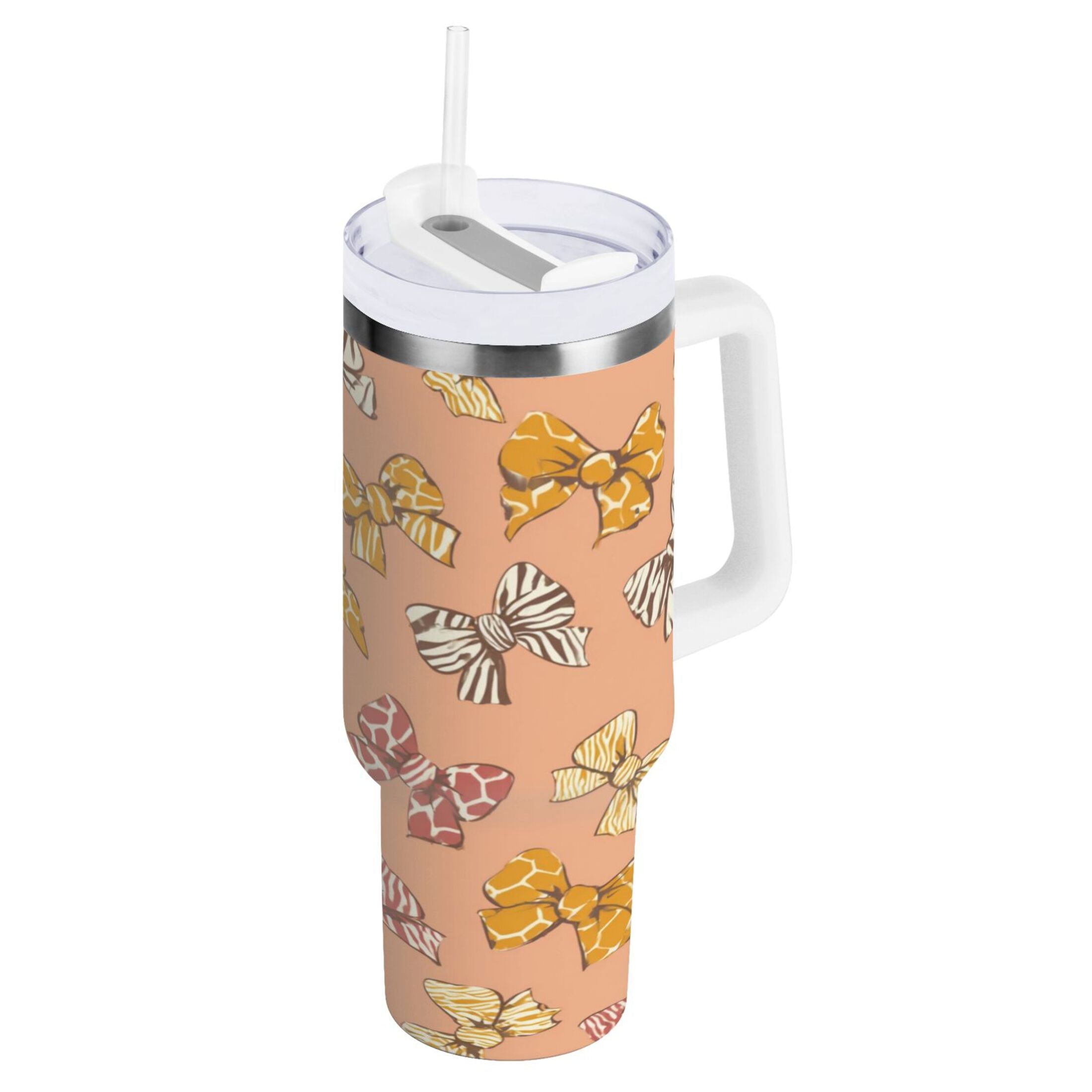 40 oz Insulated Stainless Steel Tumbler Double Wall Stainless Steel Tumbler with 2-Way Drinking Cute Animal Print Bows - FW5V