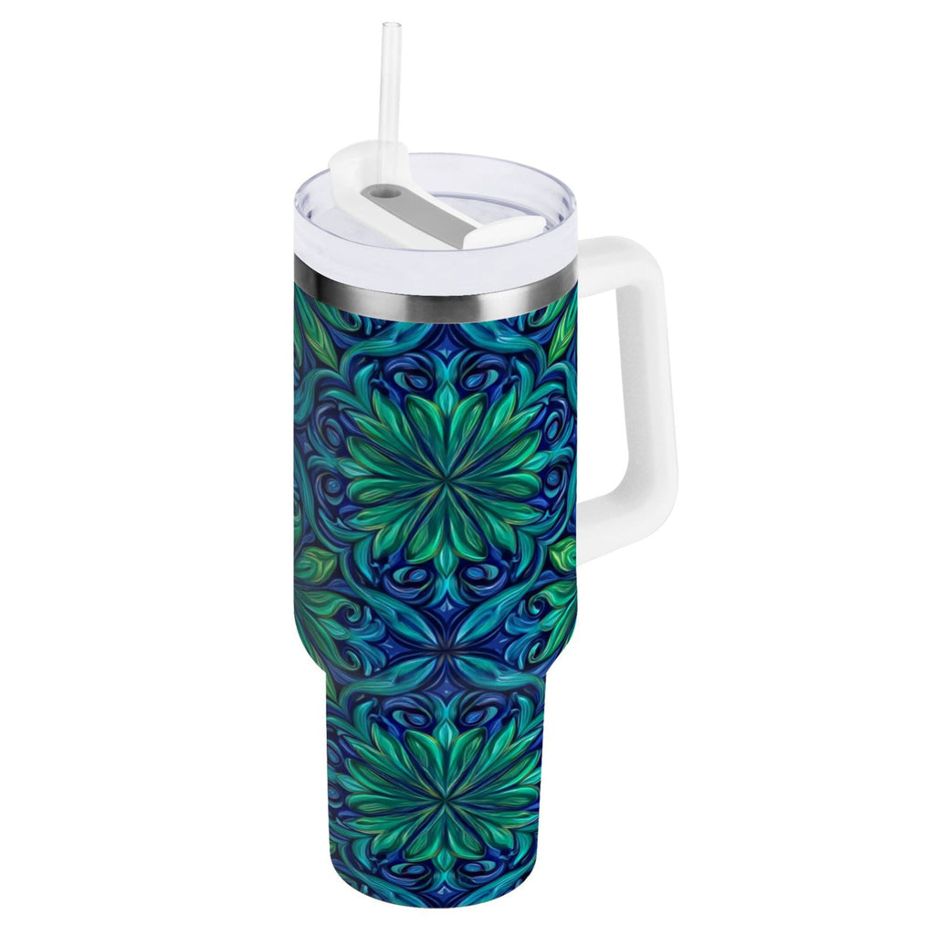 40 oz Insulated Stainless Steel Tumbler Double Wall Stainless Steel Tumbler with 2-Way Drinking Elegant Blue Traditional Patterns - W90O