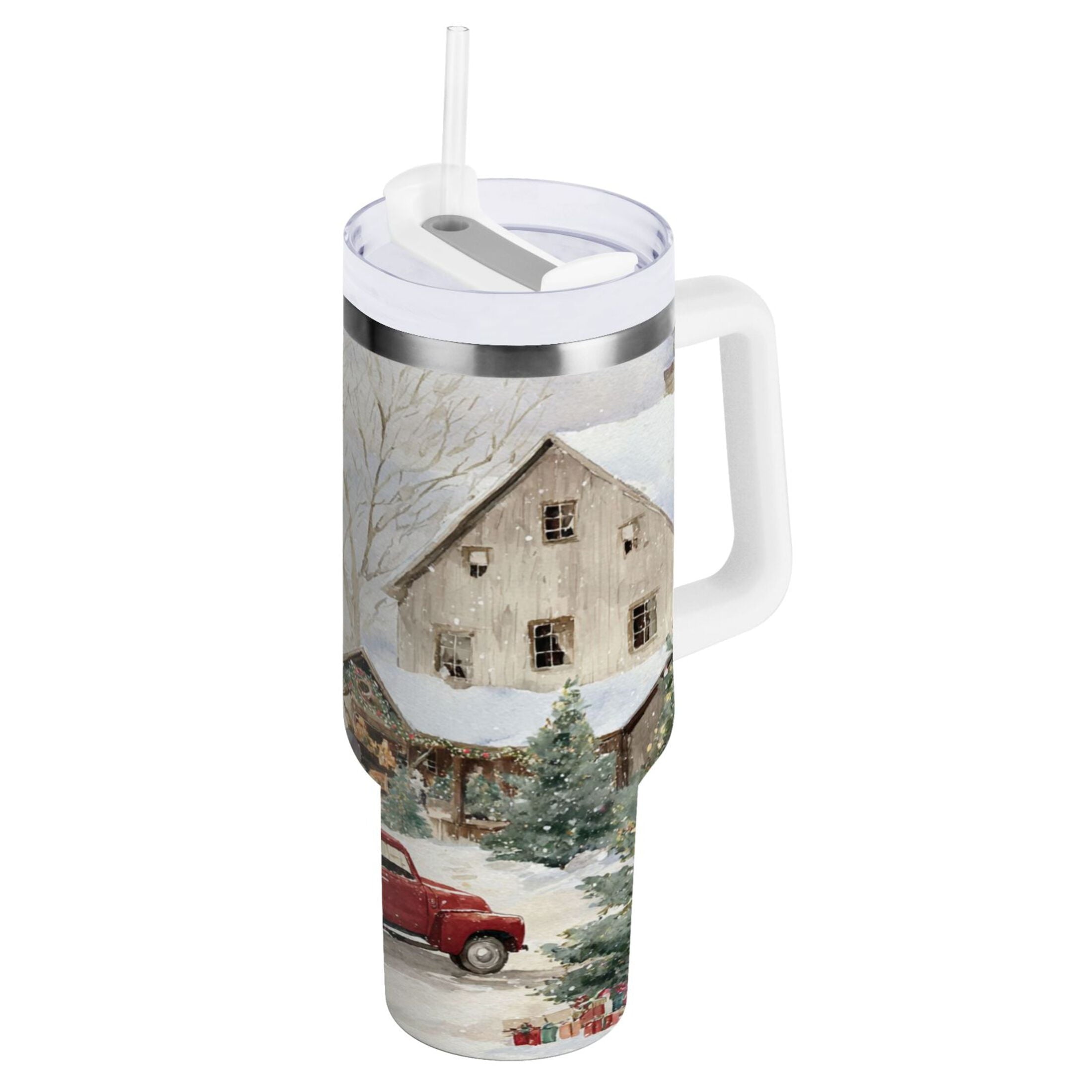 40 oz Insulated Stainless Steel Tumbler Double Wall Stainless Steel Tumbler with 2-Way Drinking Farm Snow Scene - M2B0